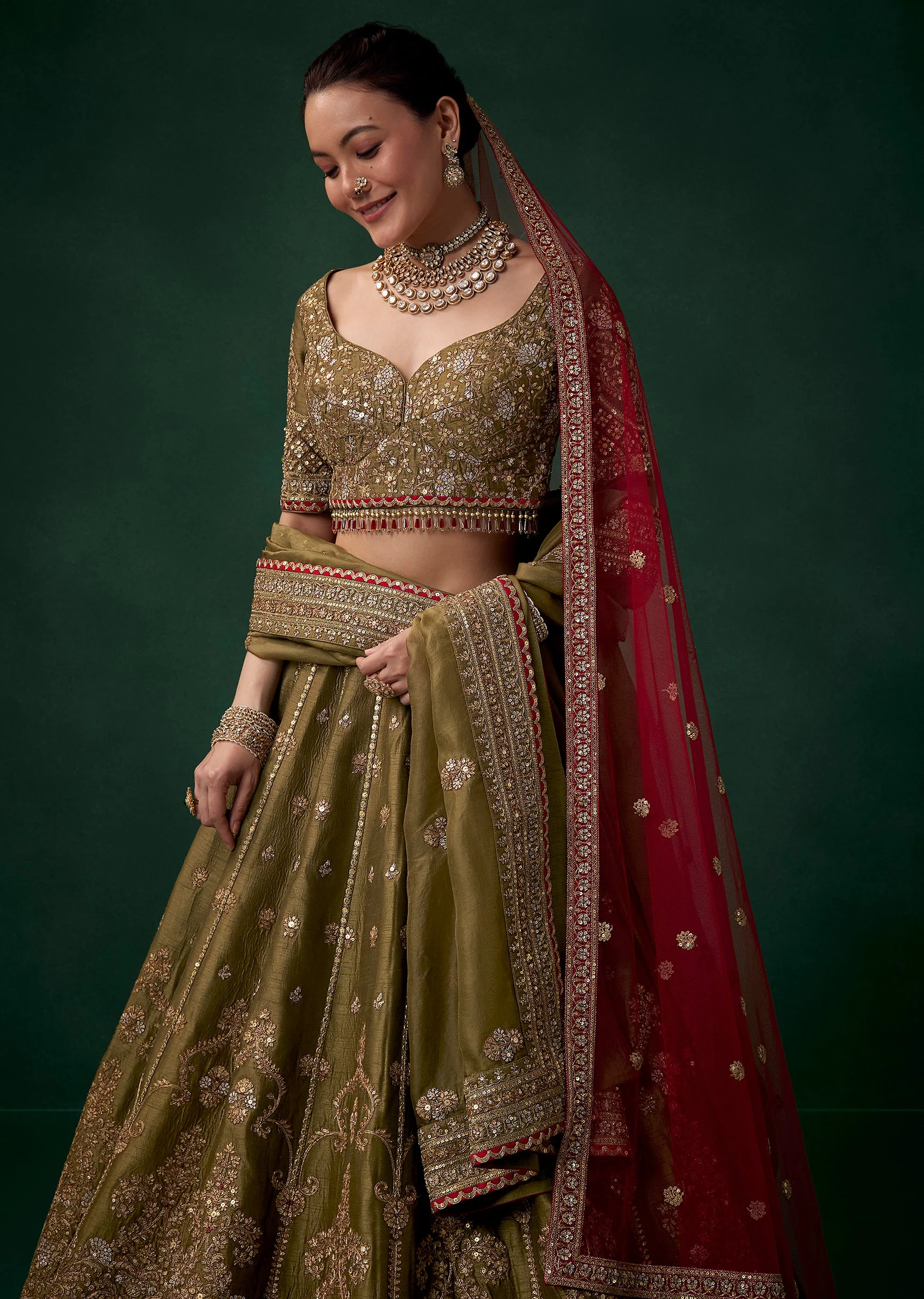Mehendi Green Embroidered Bridal Lehenga Set in Silk - Image 6