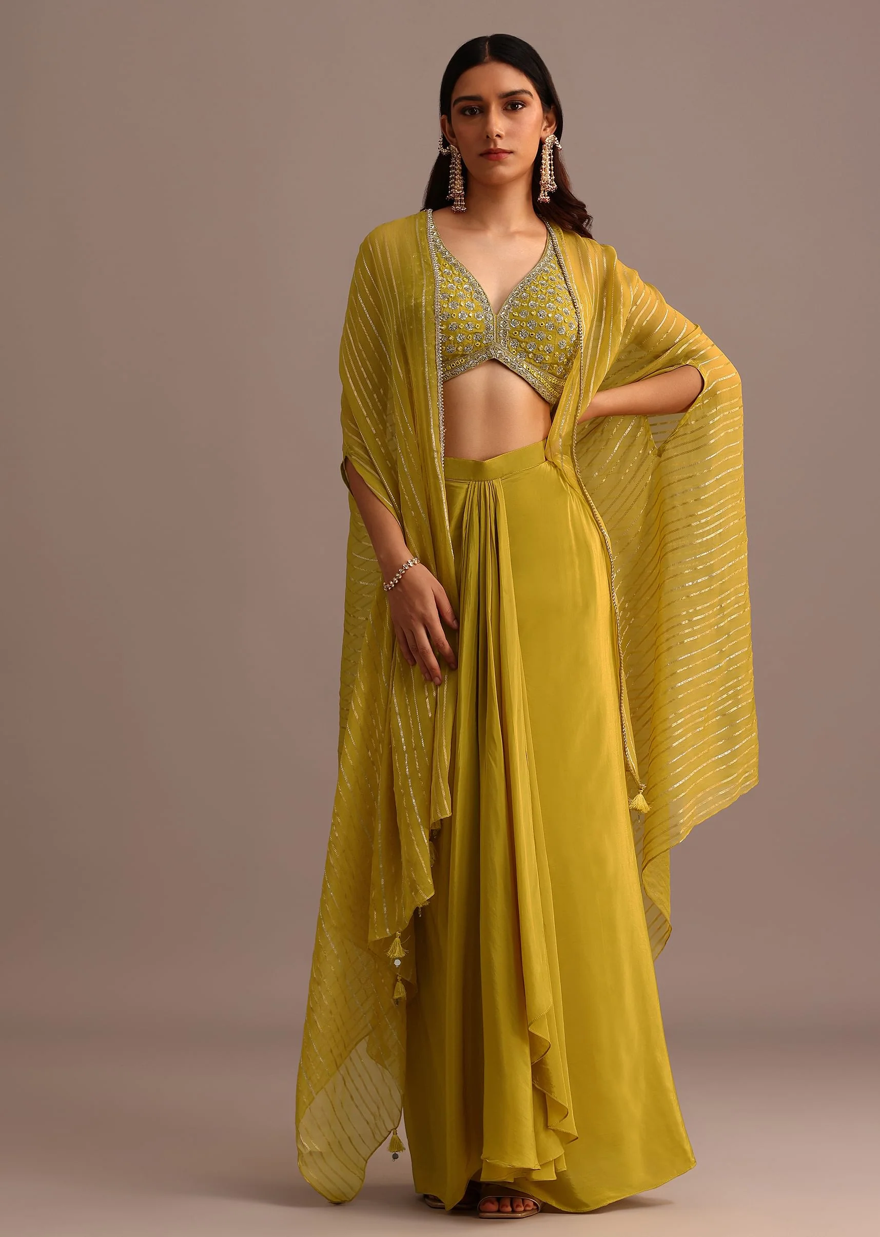 Mehendi Green Embroidered Croptop Skirt Set With Chanderi Jacket - Image 3