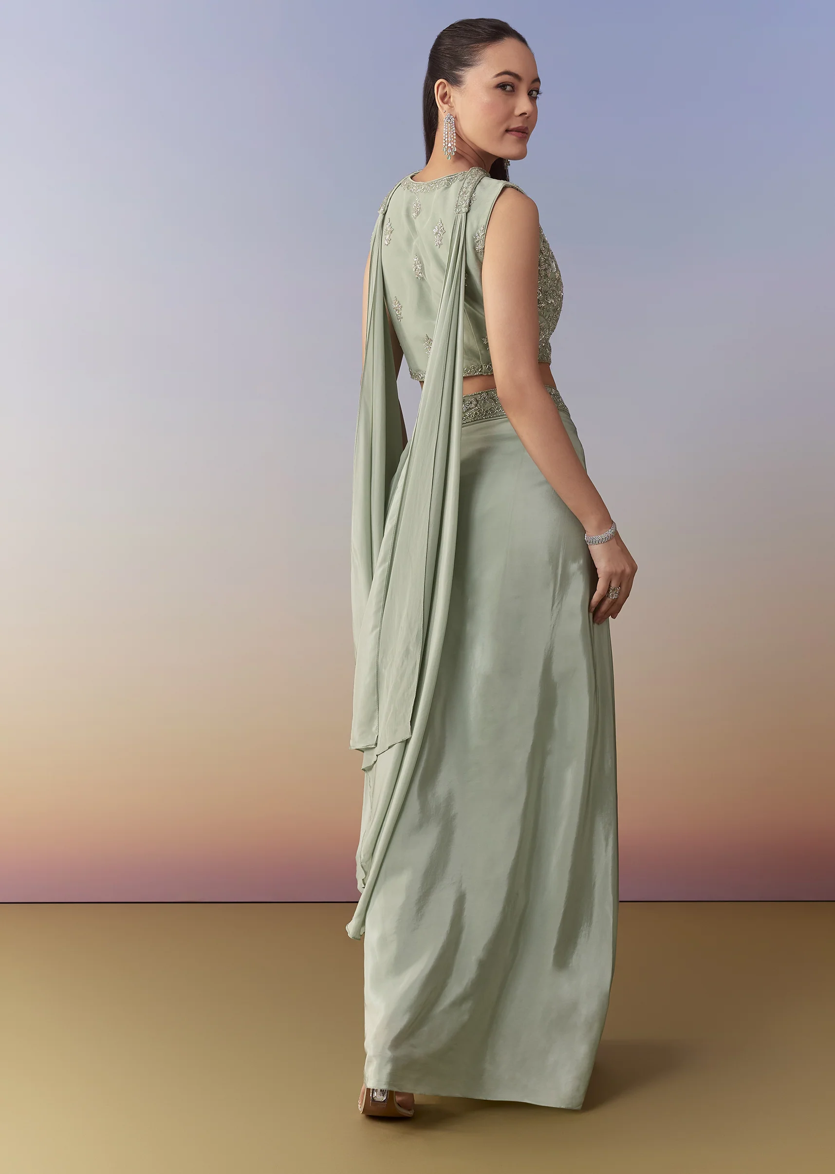 Mehendi Green Festive Duo – Crop Top Skirt Set For Her And Raw Silk Indo Western For Him - Image 3