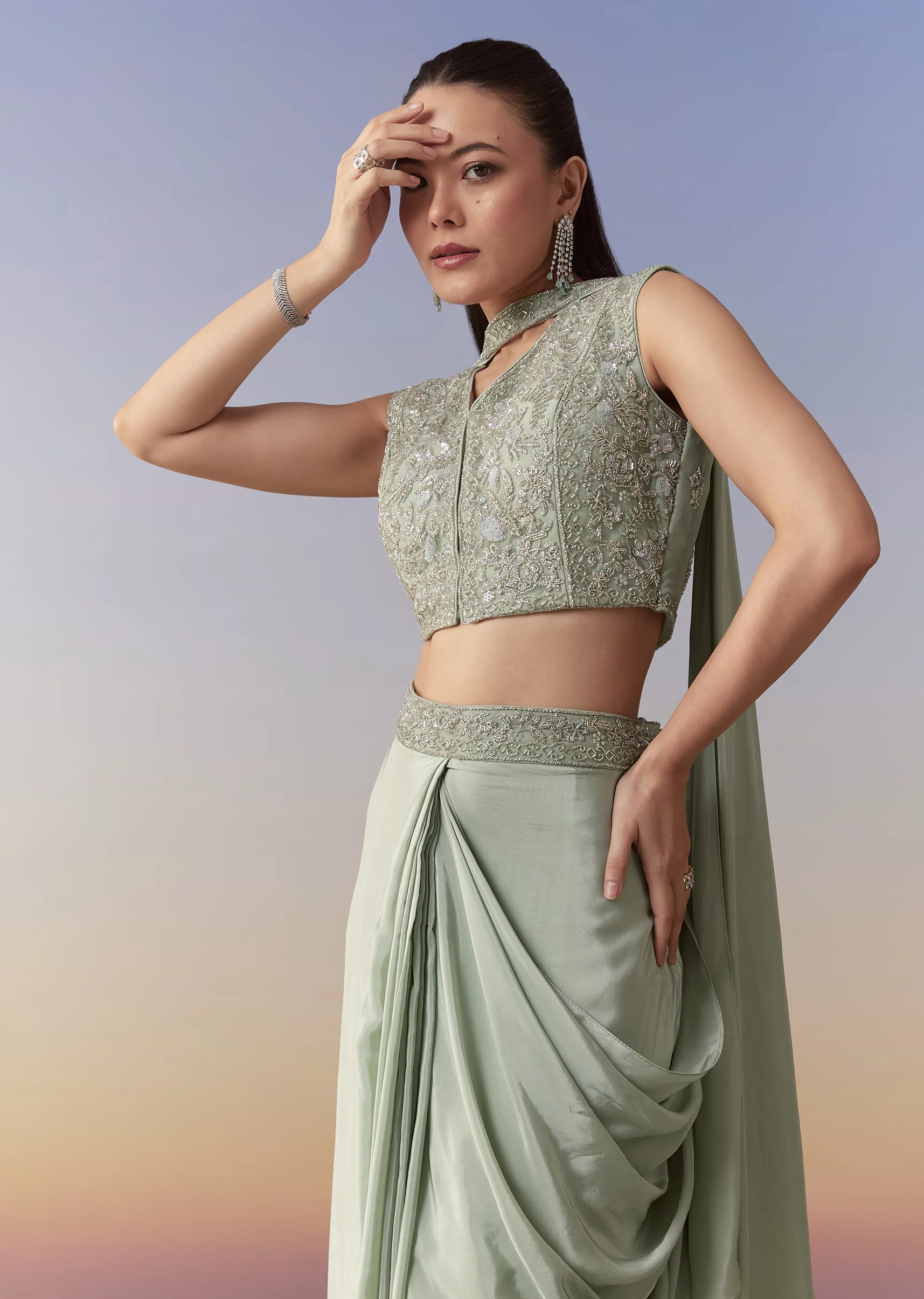 Mehendi Green Festive Duo – Crop Top Skirt Set For Her And Raw Silk Indo Western For Him - Image 4
