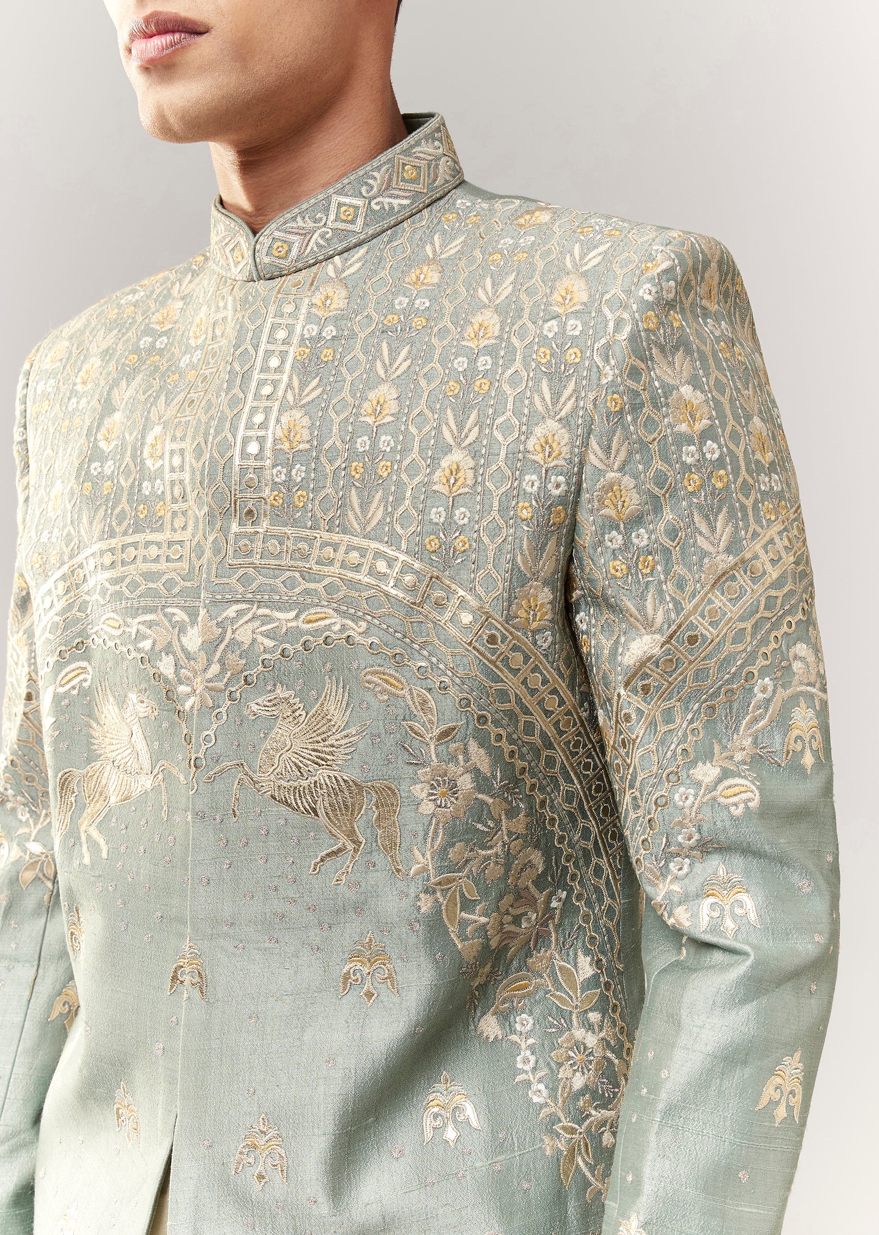 Mehendi Green Festive Duo – Crop Top Skirt Set For Her And Raw Silk Indo Western For Him - Image 6
