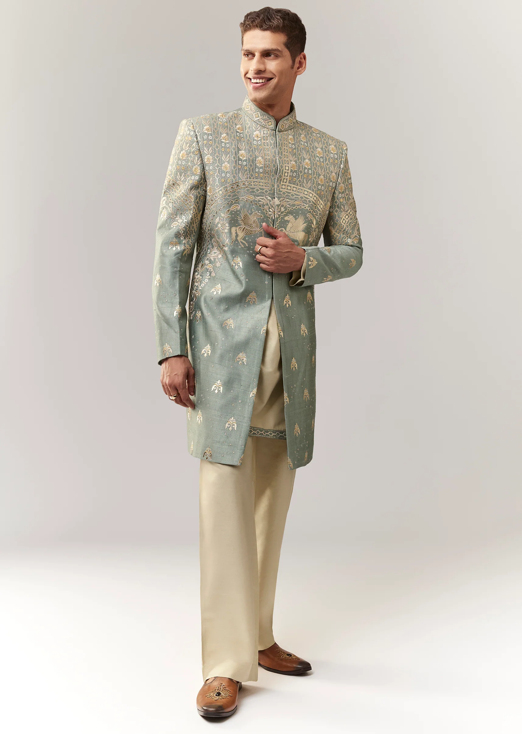 Mehendi Green Festive Duo – Crop Top Skirt Set For Her And Raw Silk Indo Western For Him - Image 7