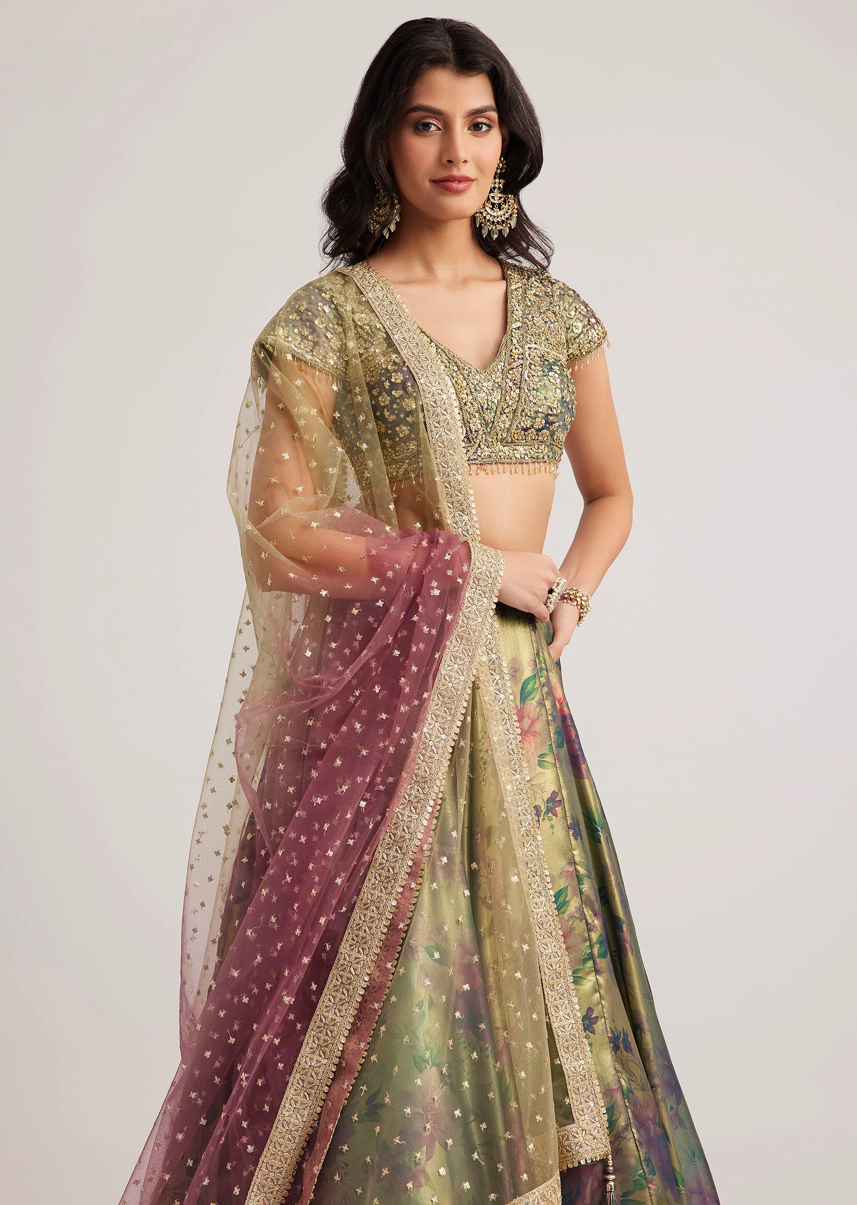 Mehendi Green Floral Printed Satin Lehenga Set - Image 2