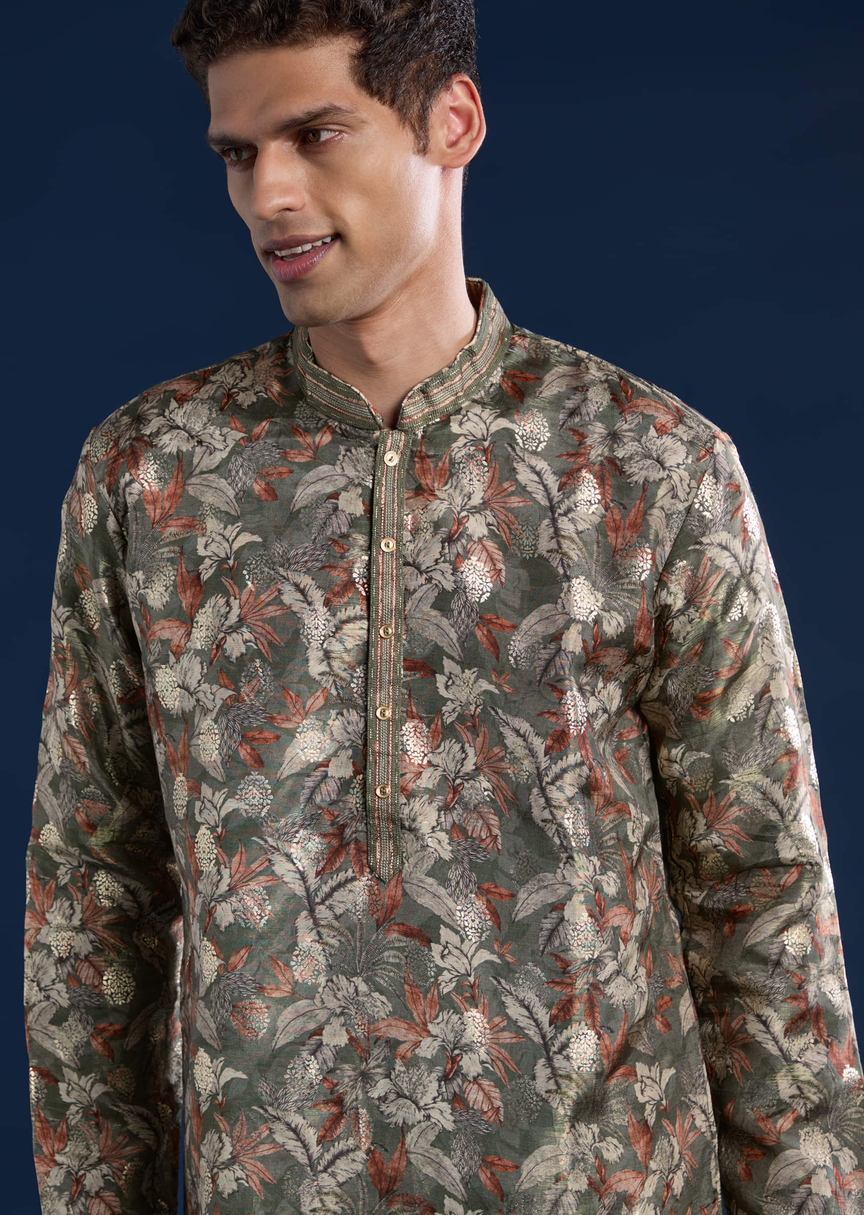 Mehendi Green Foil Work Mens Kurta and Pant Set - Image 2
