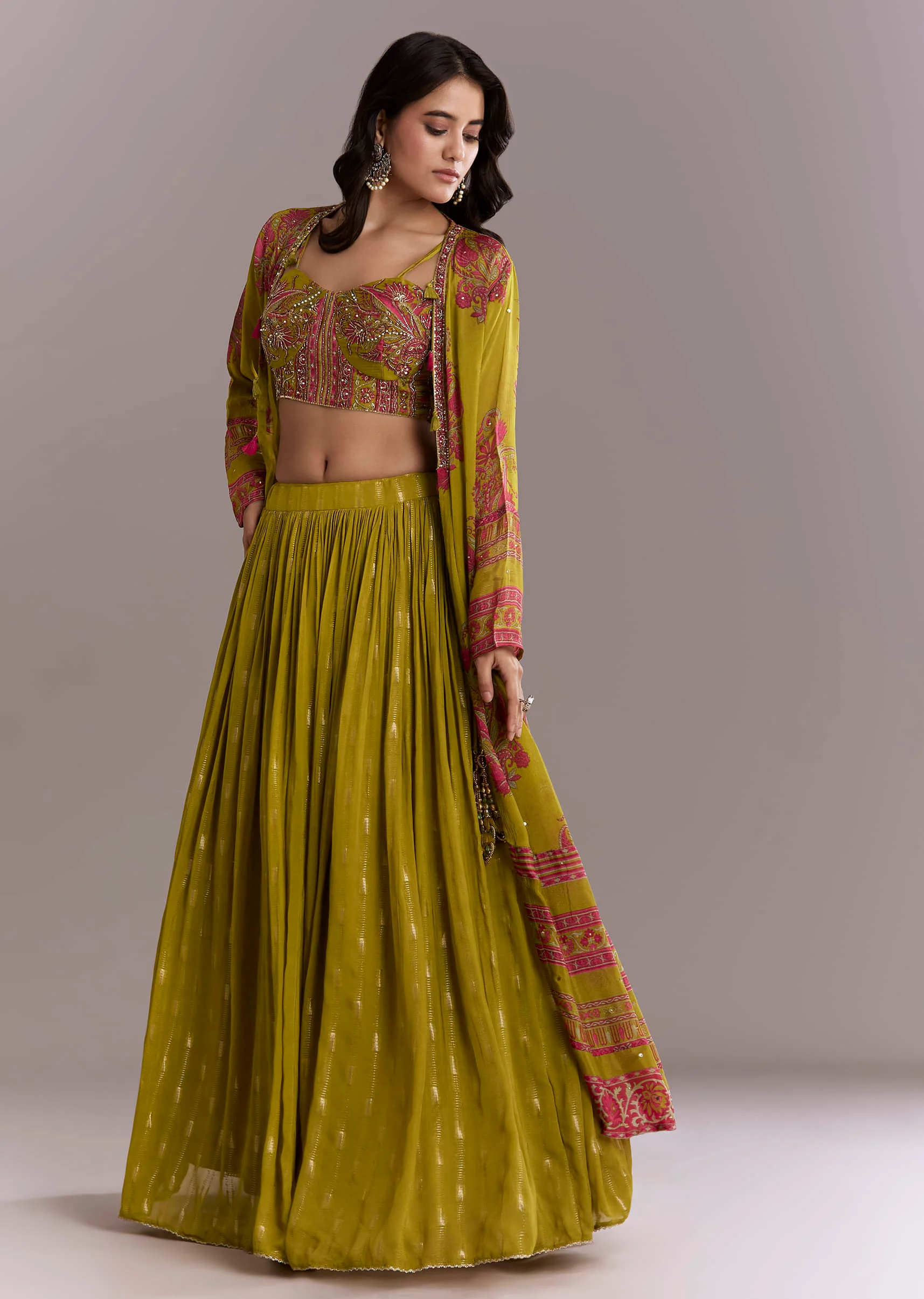 Mehendi Green Georgette Embroidery Crop Top And Printed Jacket With Skirt - Image 4