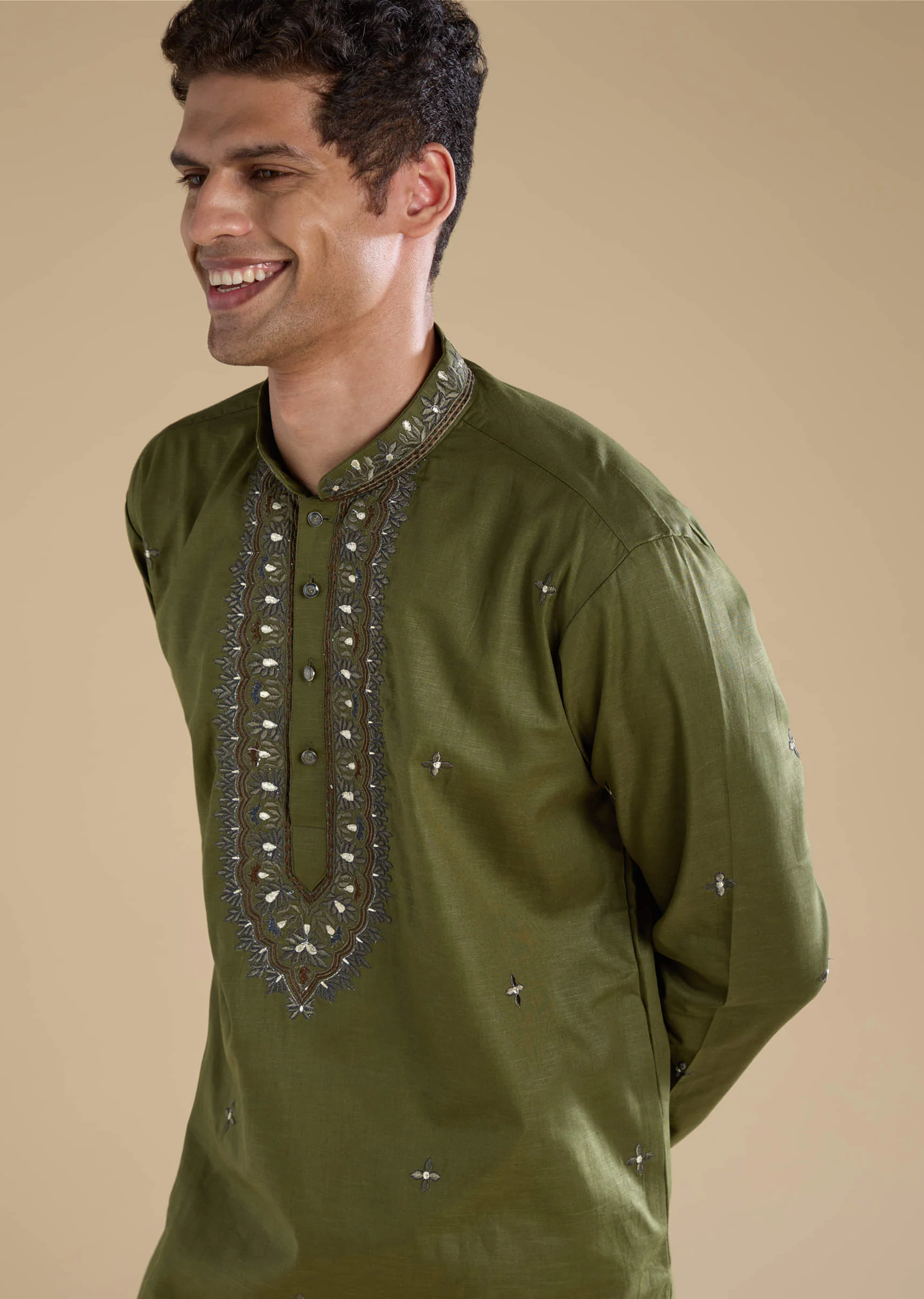 Mehendi Green Linen Straight Mens Kurta and Pant Set - Image 2