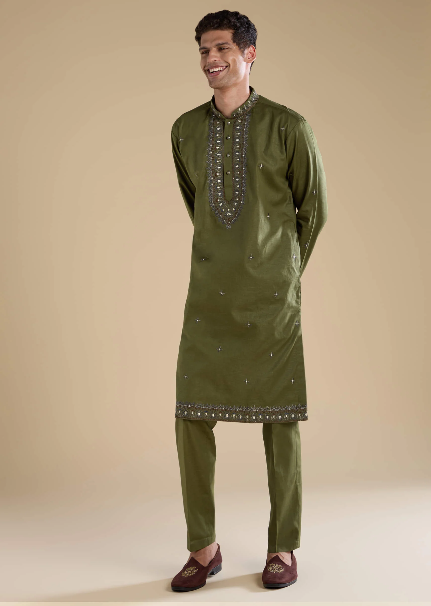 Mehendi Green Linen Straight Mens Kurta and Pant Set - Image 3
