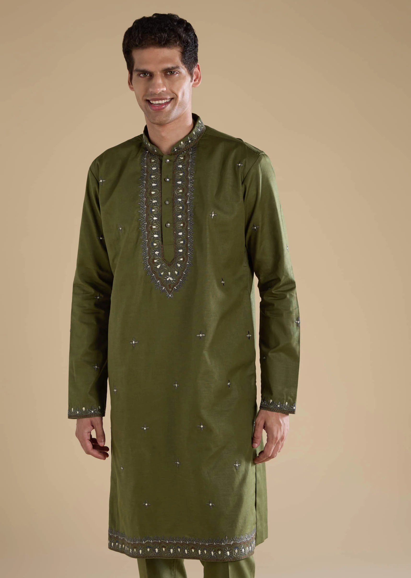 Mehendi Green Linen Straight Mens Kurta and Pant Set - Image 4