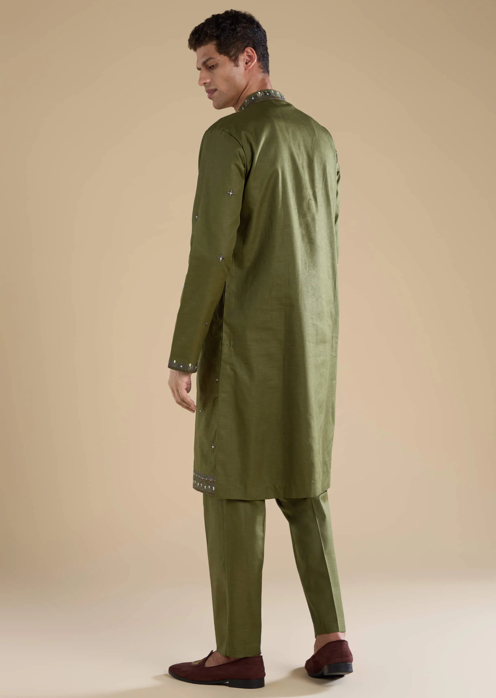 Mehendi Green Linen Straight Mens Kurta and Pant Set - Image 5