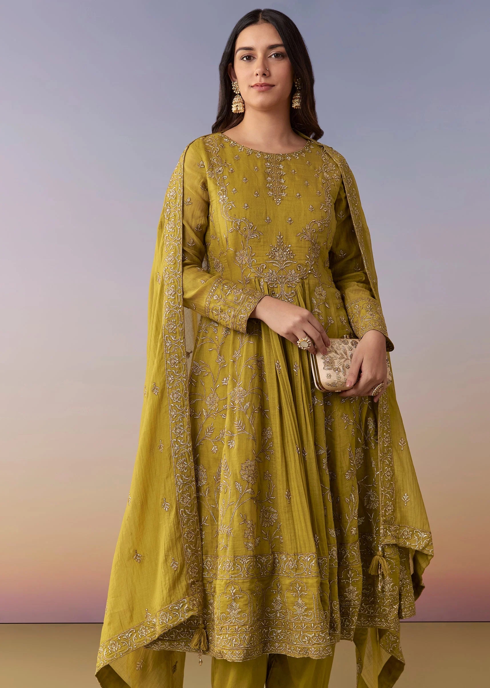 Mehendi Green Metallic Embroidered Anarkali Suit Set With Pant And Dupatta - Image 4