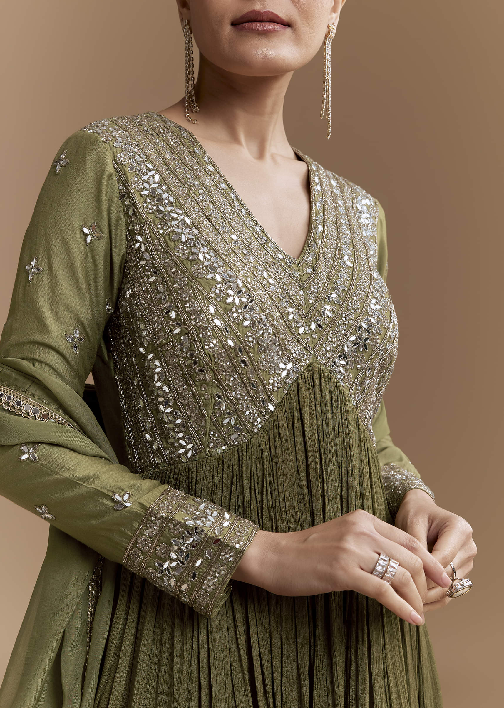 Mehendi Green Mirror Work Anarkali with Dupatta - Image 2