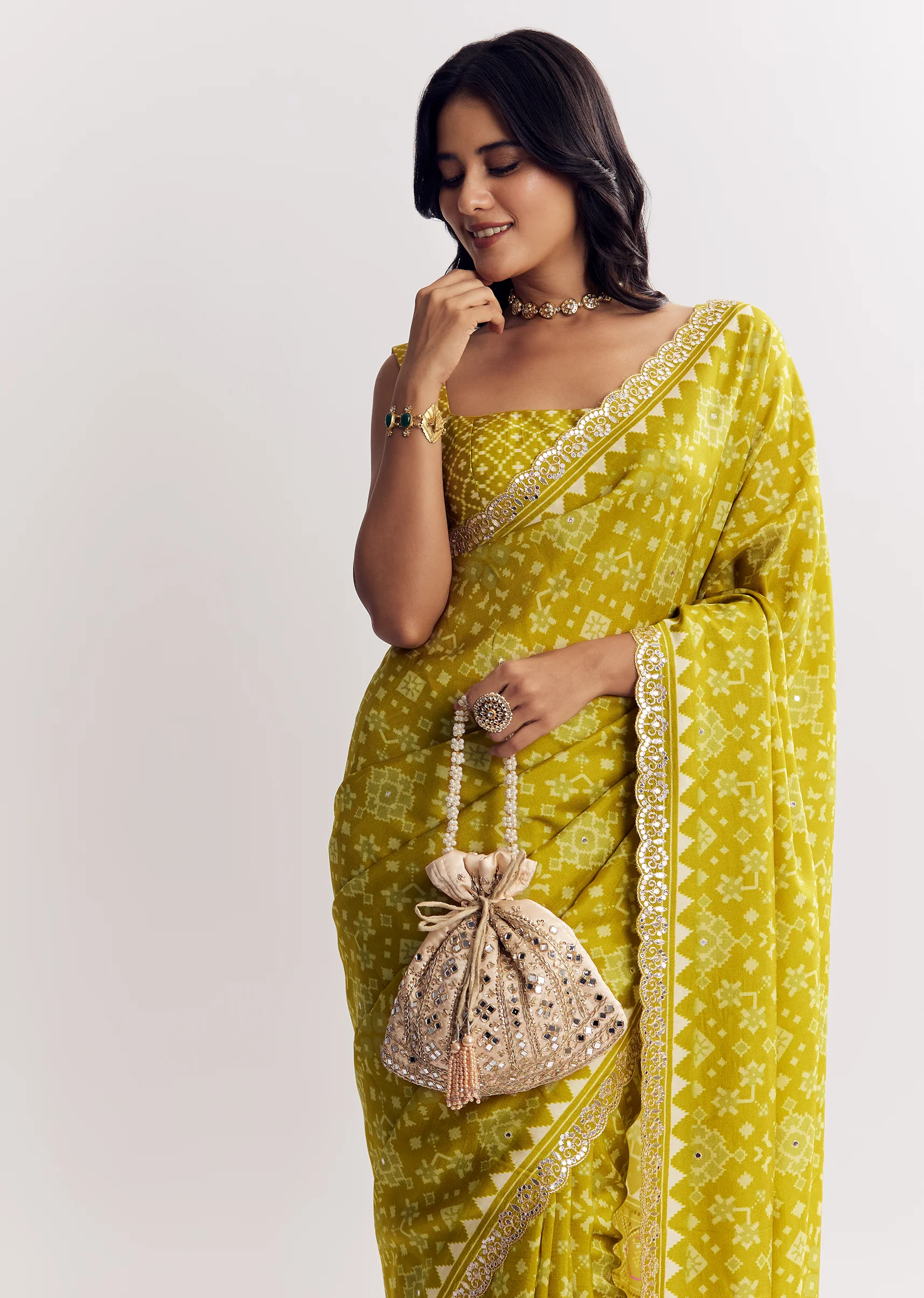 Mehendi Green Muslin Ajrakh Printed Saree With Gota And Mirror Work - Image 5