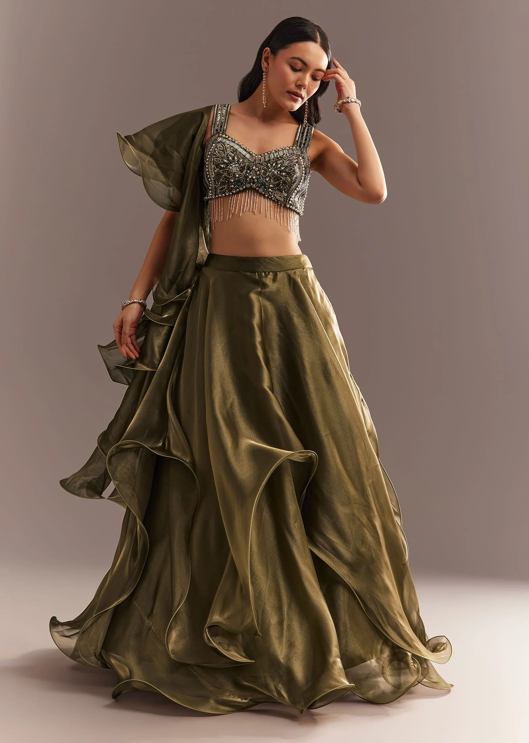 Mehendi Green Organza Choli Lehenga With Ruffled Dupatta - Image 4