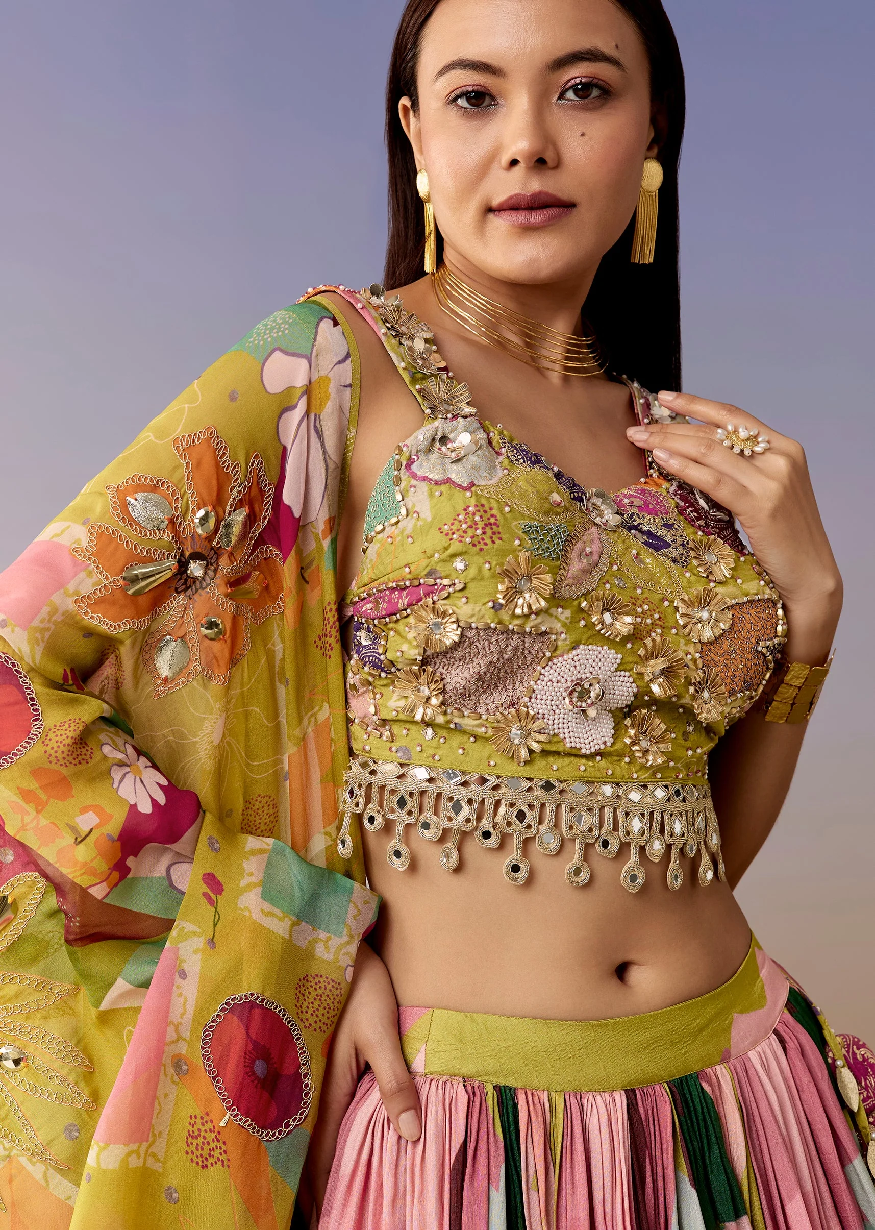 Mehendi Green Printed Bridesmaid Lehenga Set - Image 3