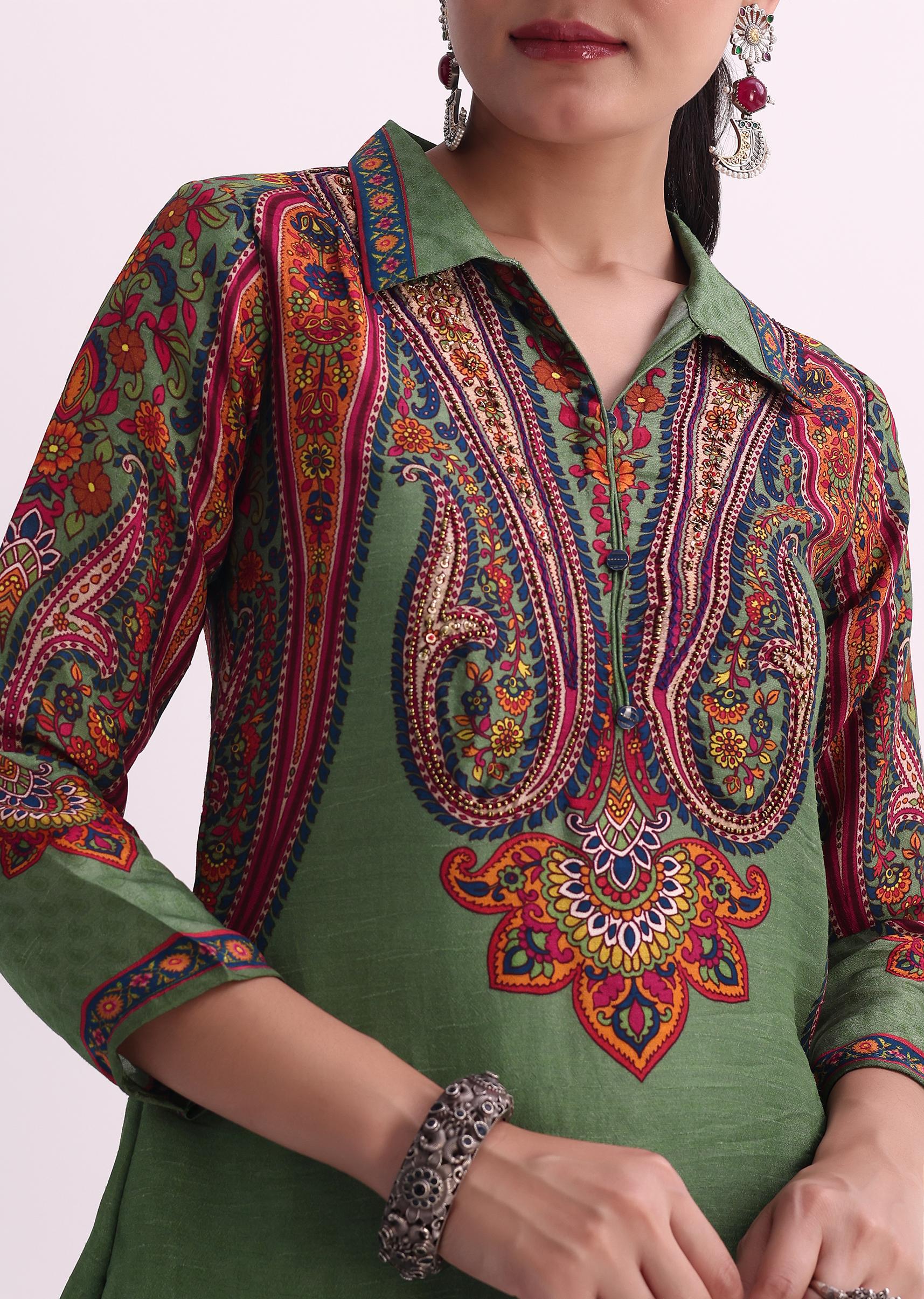 Mehendi Green Sequin Embroidered Silk Kurta With Printed Pant Set - Image 3