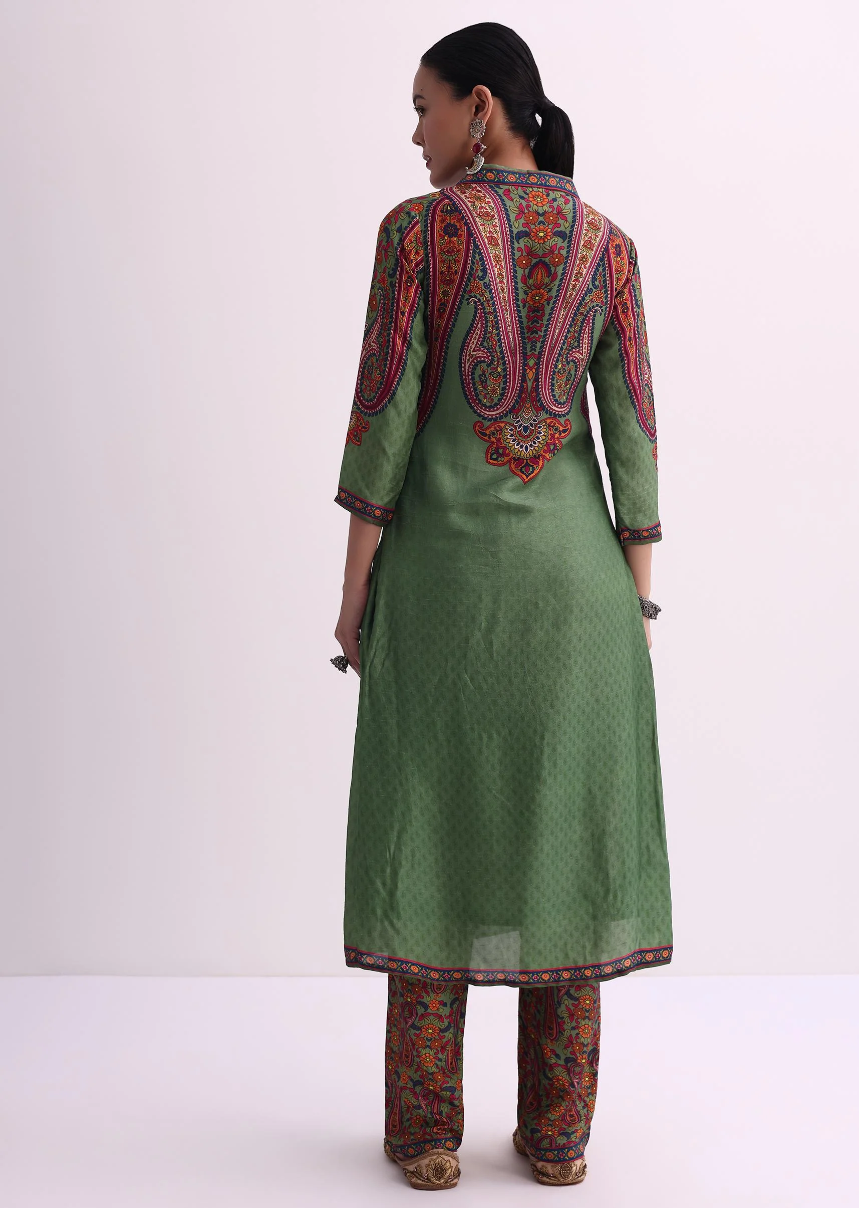 Mehendi Green Sequin Embroidered Silk Kurta With Printed Pant Set - Image 9