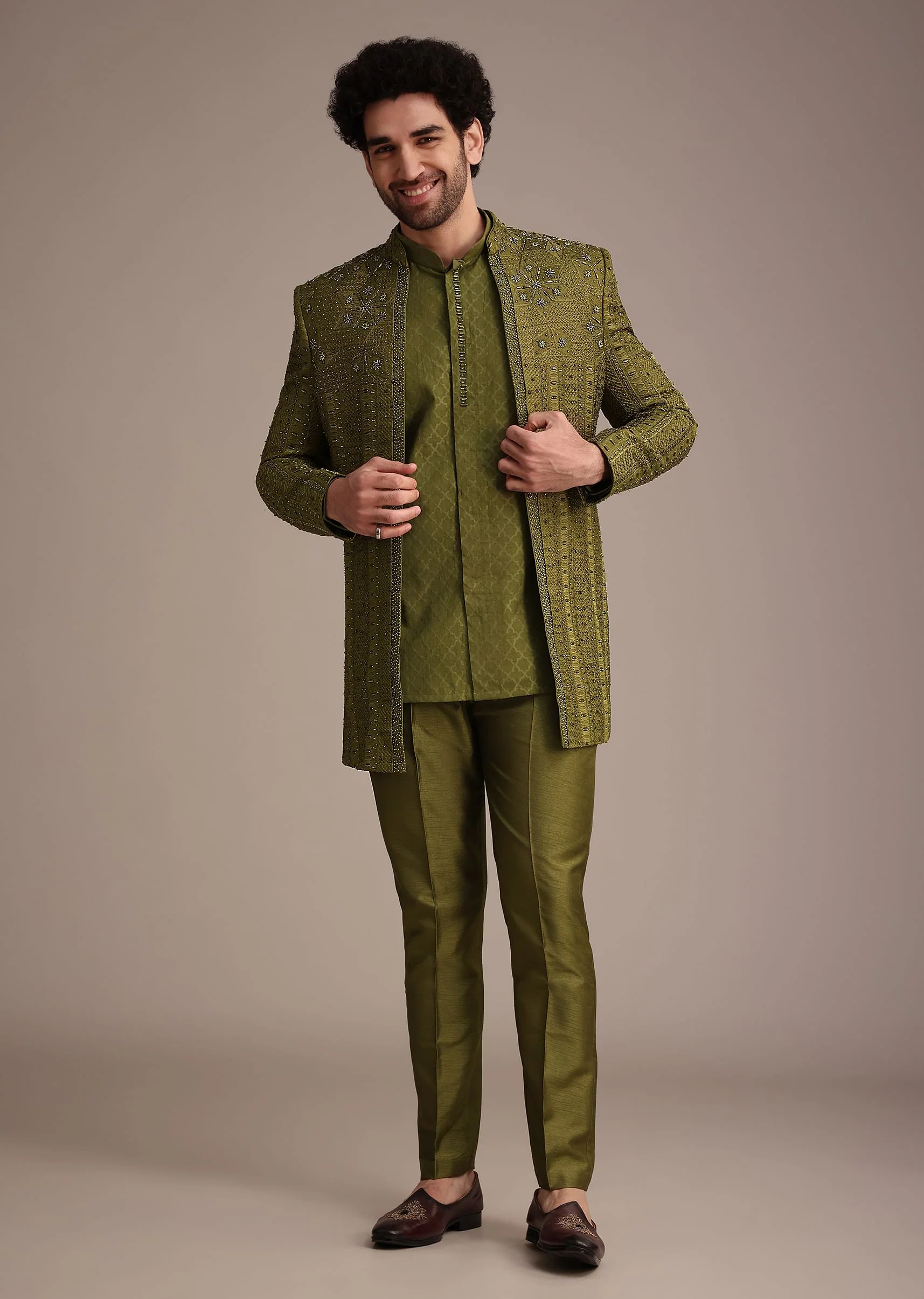 Mehendi Green Silk Zardosi Kurta Jacket Set - Image 2