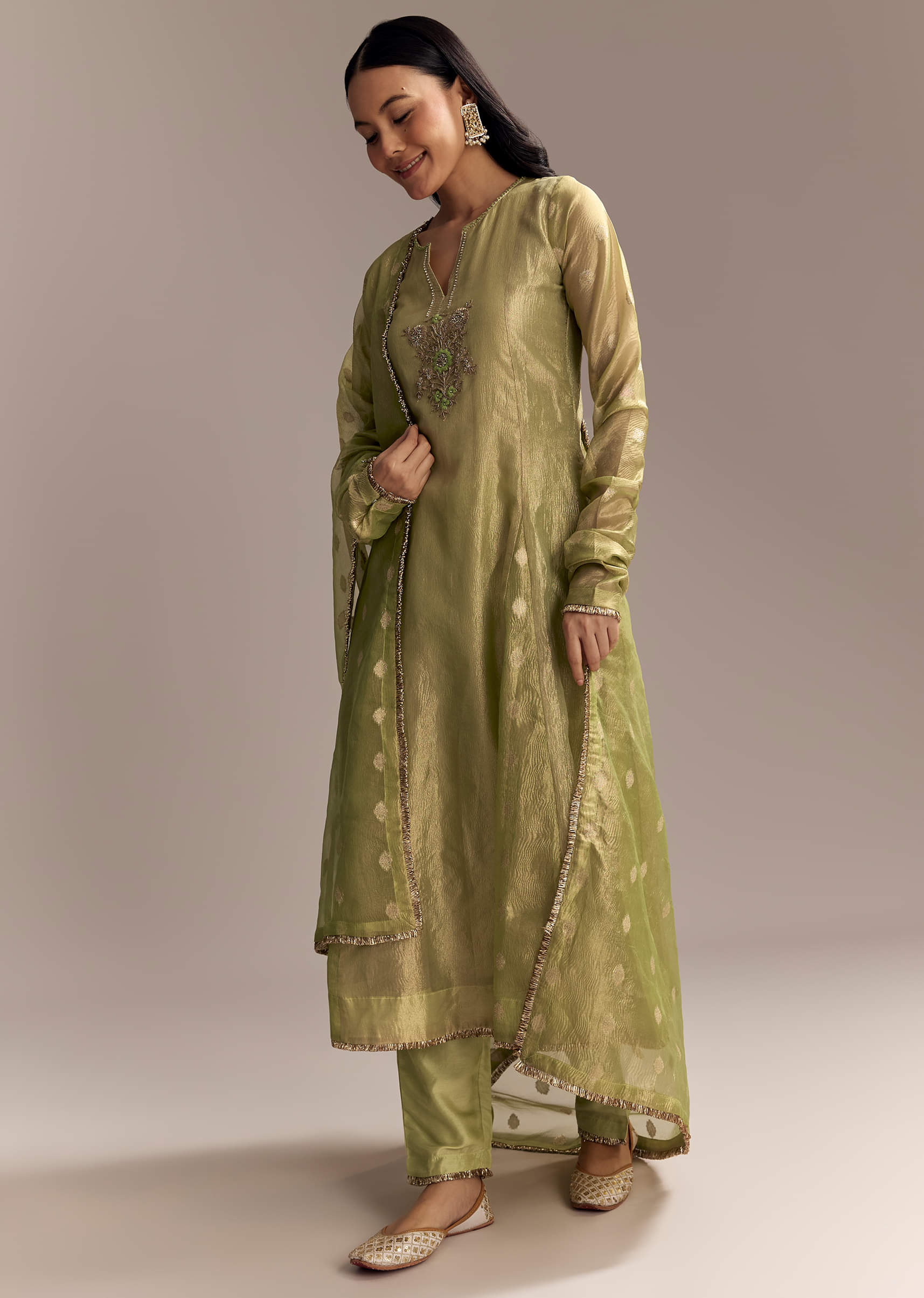 Mehendi Green Tissue Anarkali Suit With Zardosi Work - Image 2