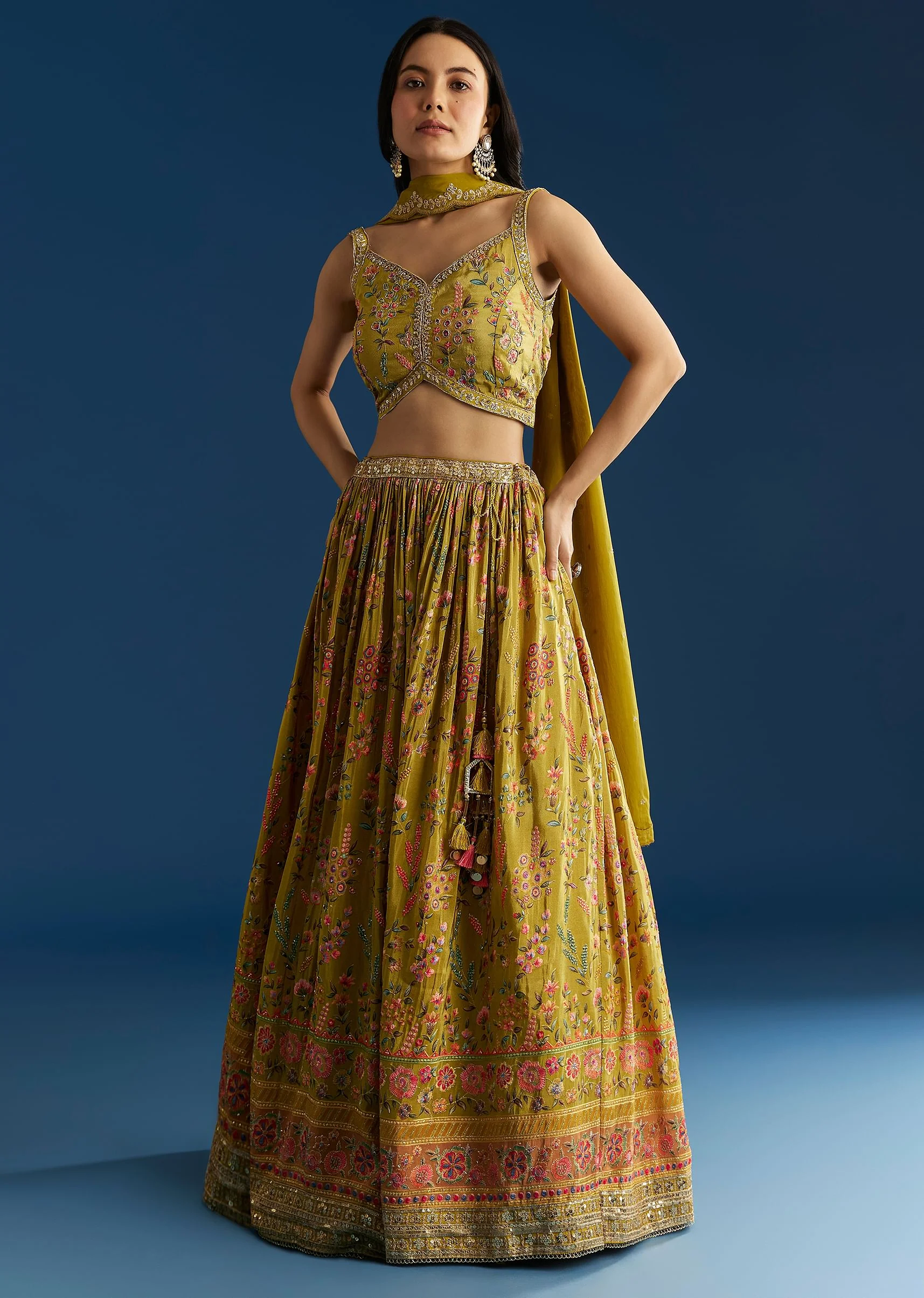 Mehendi Green Tissue Silk Lehenga With Zardosi Sequin Choli And Printed Dupatta - Image 3