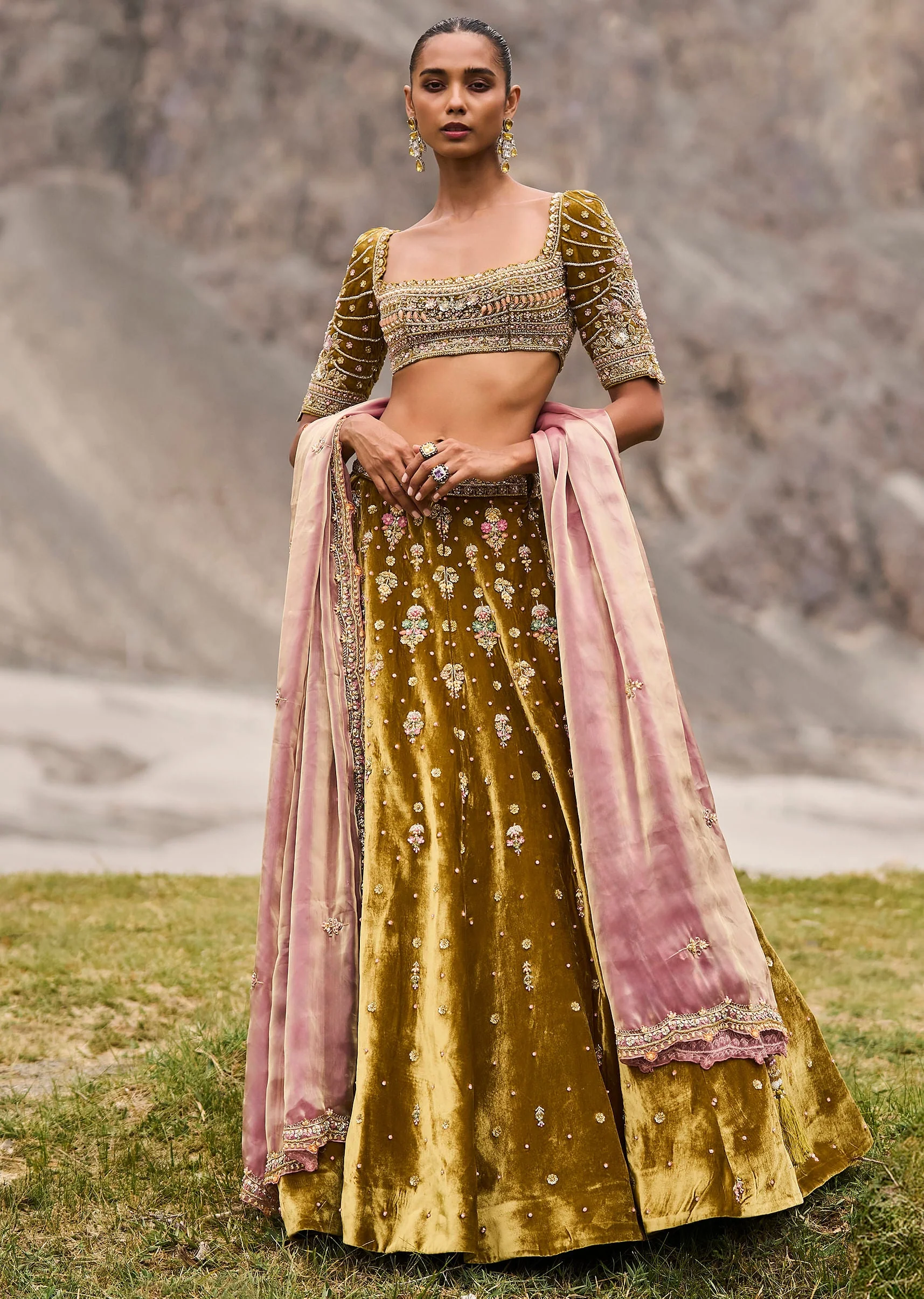 Mehendi Green Velvet Lehenga With Butti Work And Dupatta