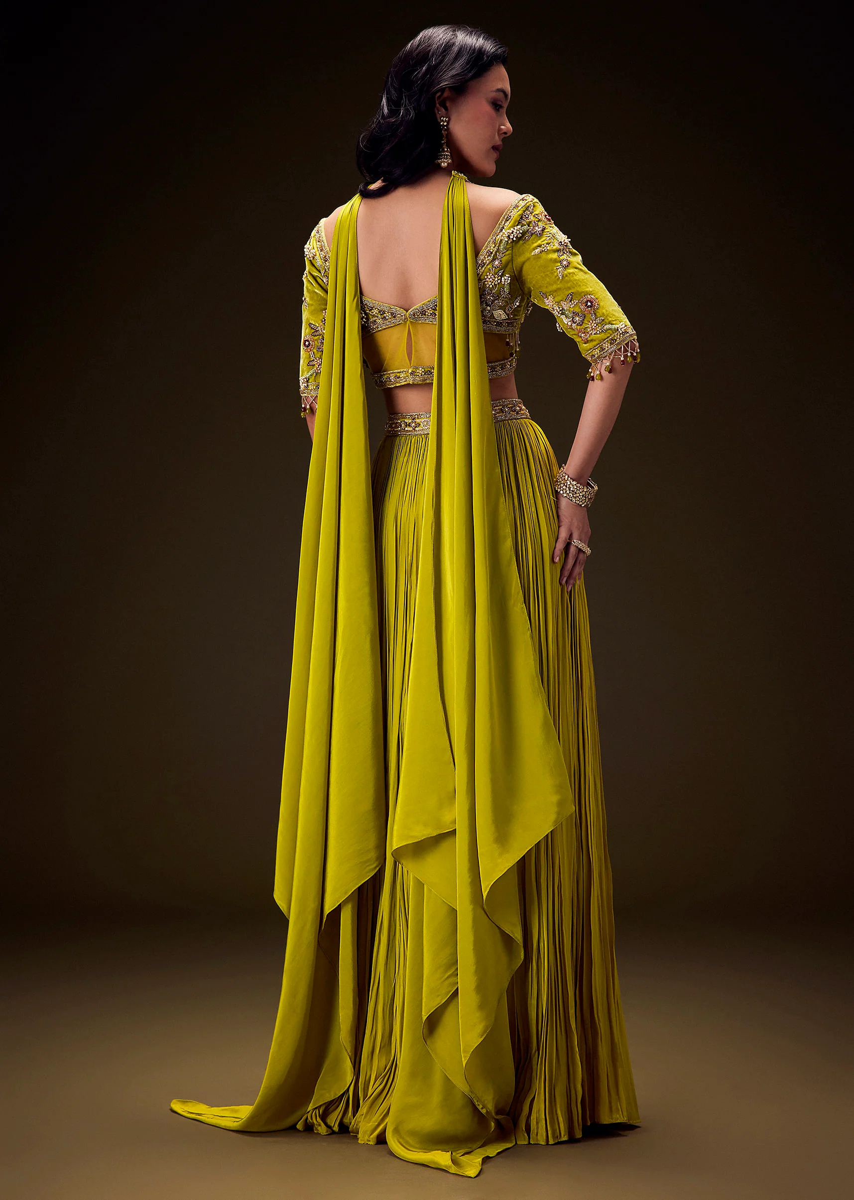 Mehendi Green Velvet Lehenga With Embellished Cross Body Blouse - Image 3
