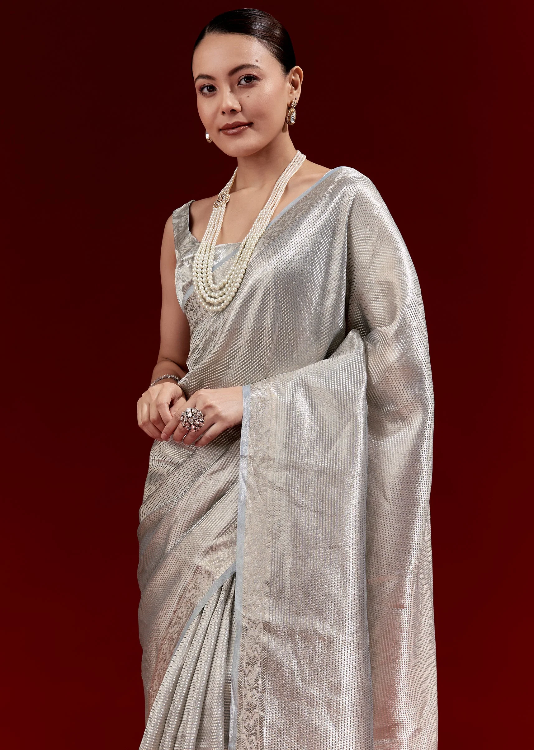 Metallic Blue Banarasi Tissue Saree With Micro Geometric Weave And Floral Woven Border - Image 5