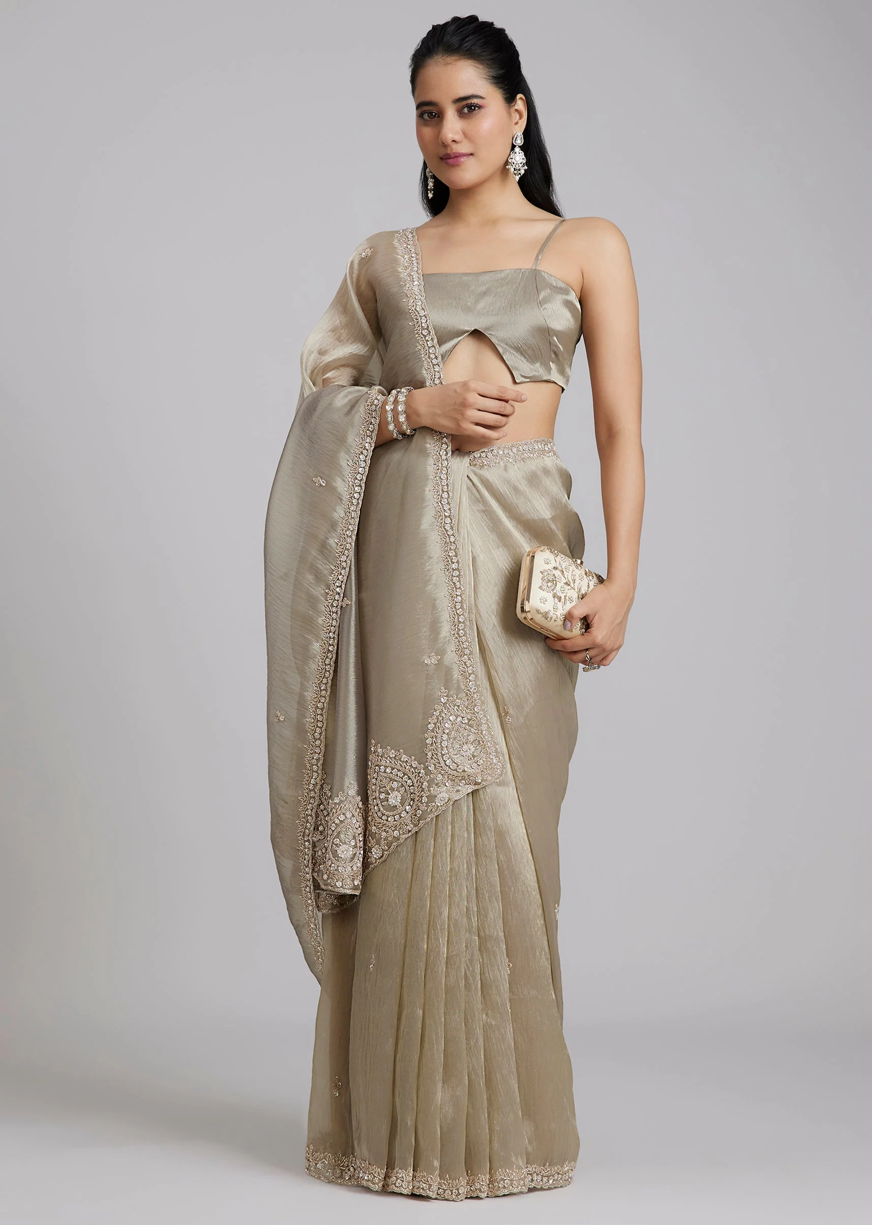 Metallic Grey Tissue Silk Saree With Minimal Butti Work And Heavy Pallu End Border