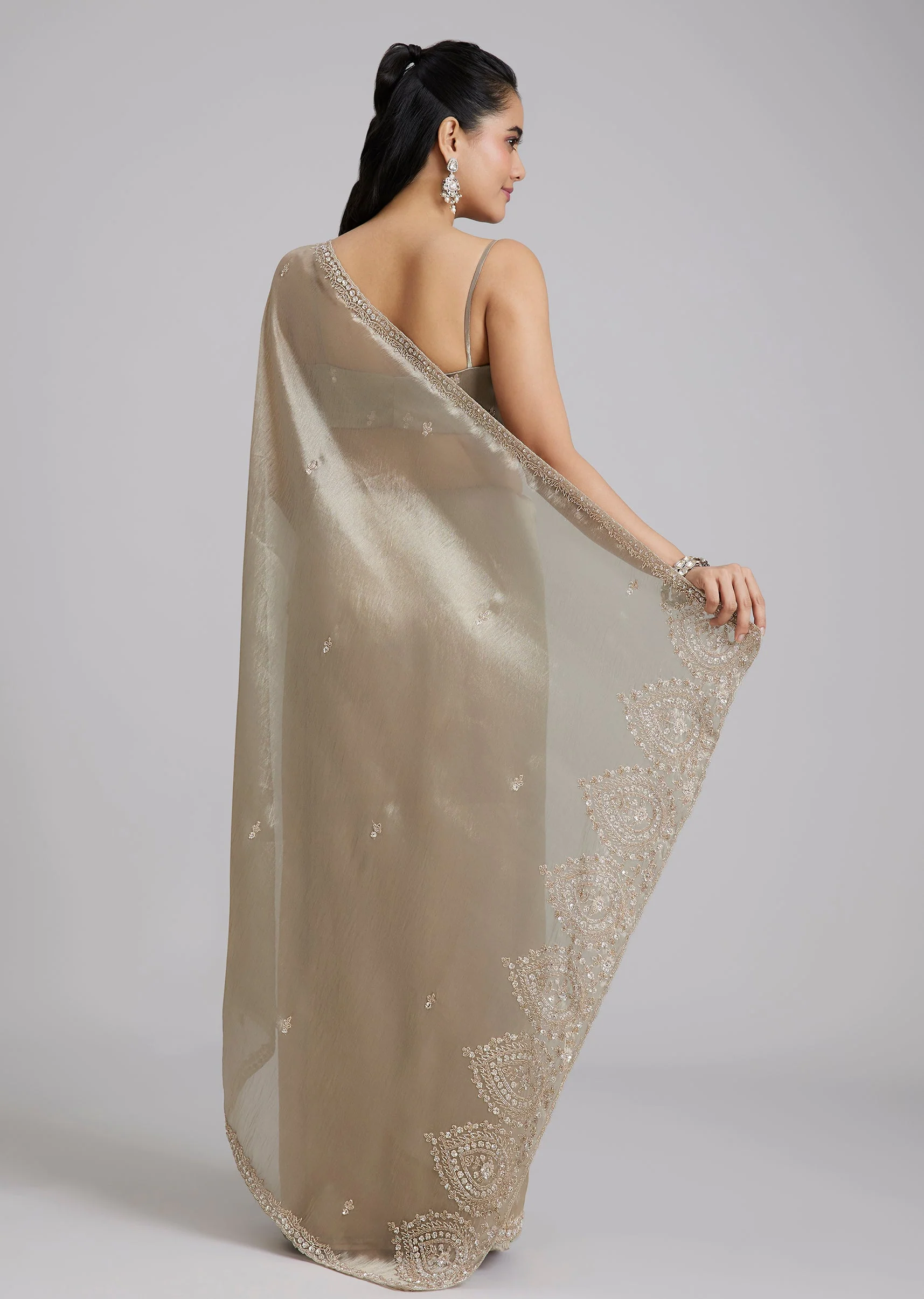 Metallic Grey Tissue Silk Saree With Minimal Butti Work And Heavy Pallu End Border - Image 4