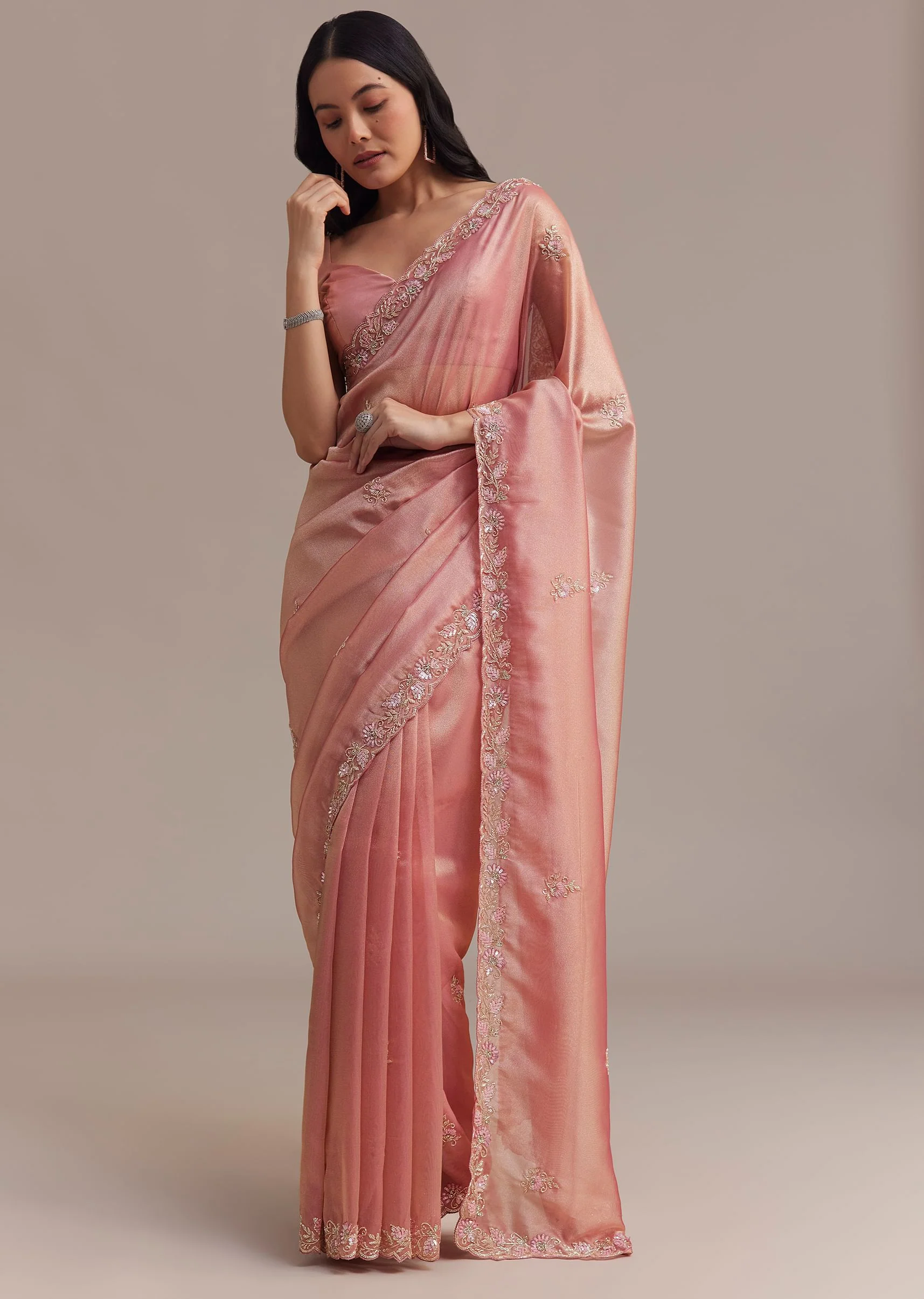 Metallic Pink Organza Tissue Saree With Cutdana And Bead Embroidery - Image 3