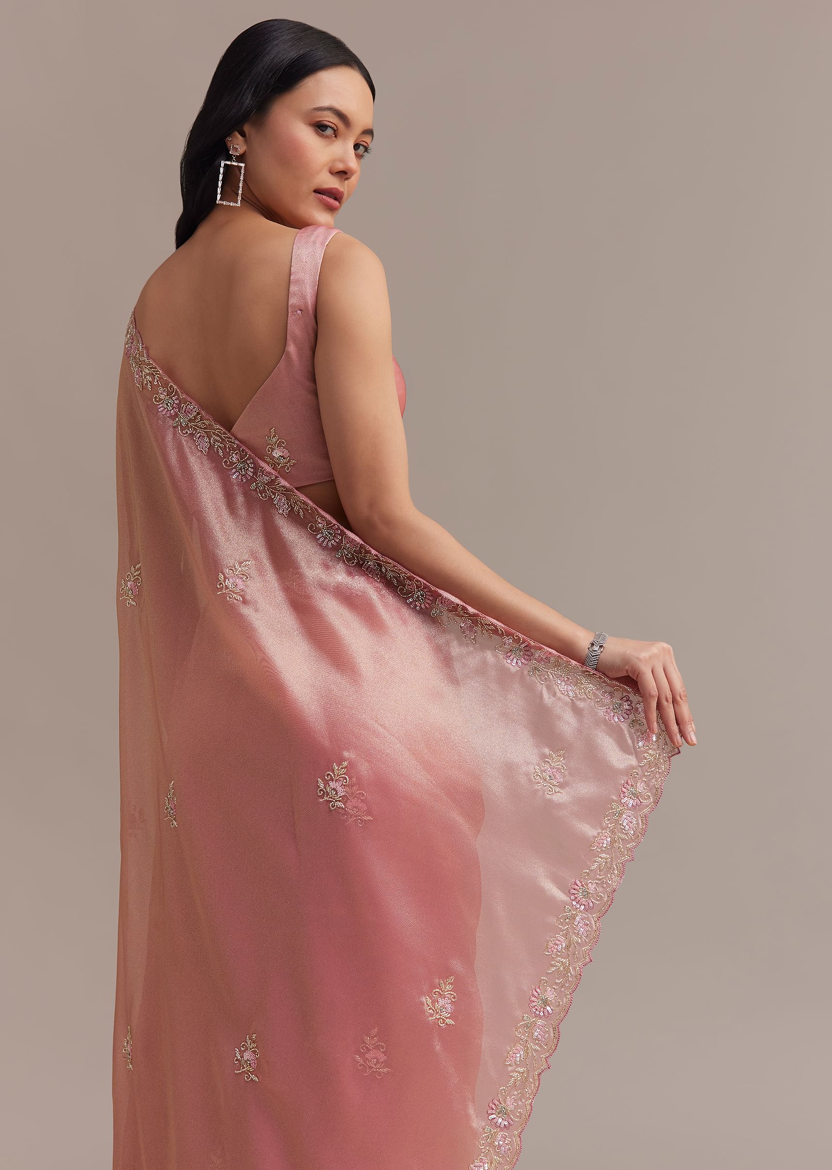 Metallic Pink Organza Tissue Saree With Cutdana And Bead Embroidery - Image 4