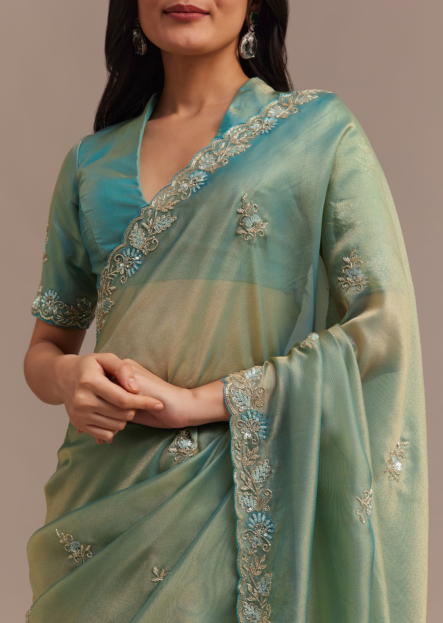 Metallic Sea Green Tissue Organza Saree With Embroidered Border - Image 2