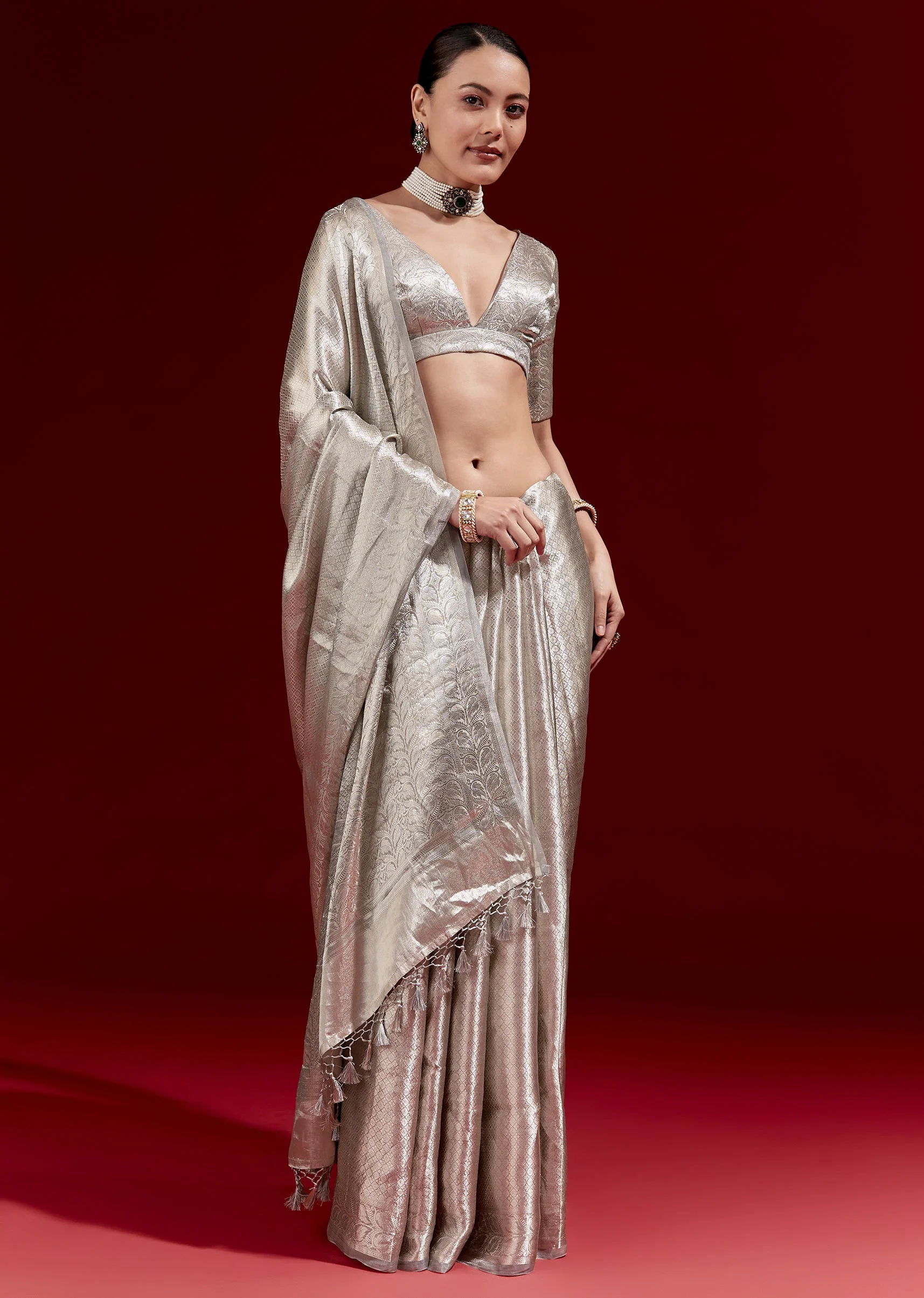 Metallic Silver Grey Banarasi Tissue Saree With Micro Geometric Weave And Floral Woven Border - Image 3