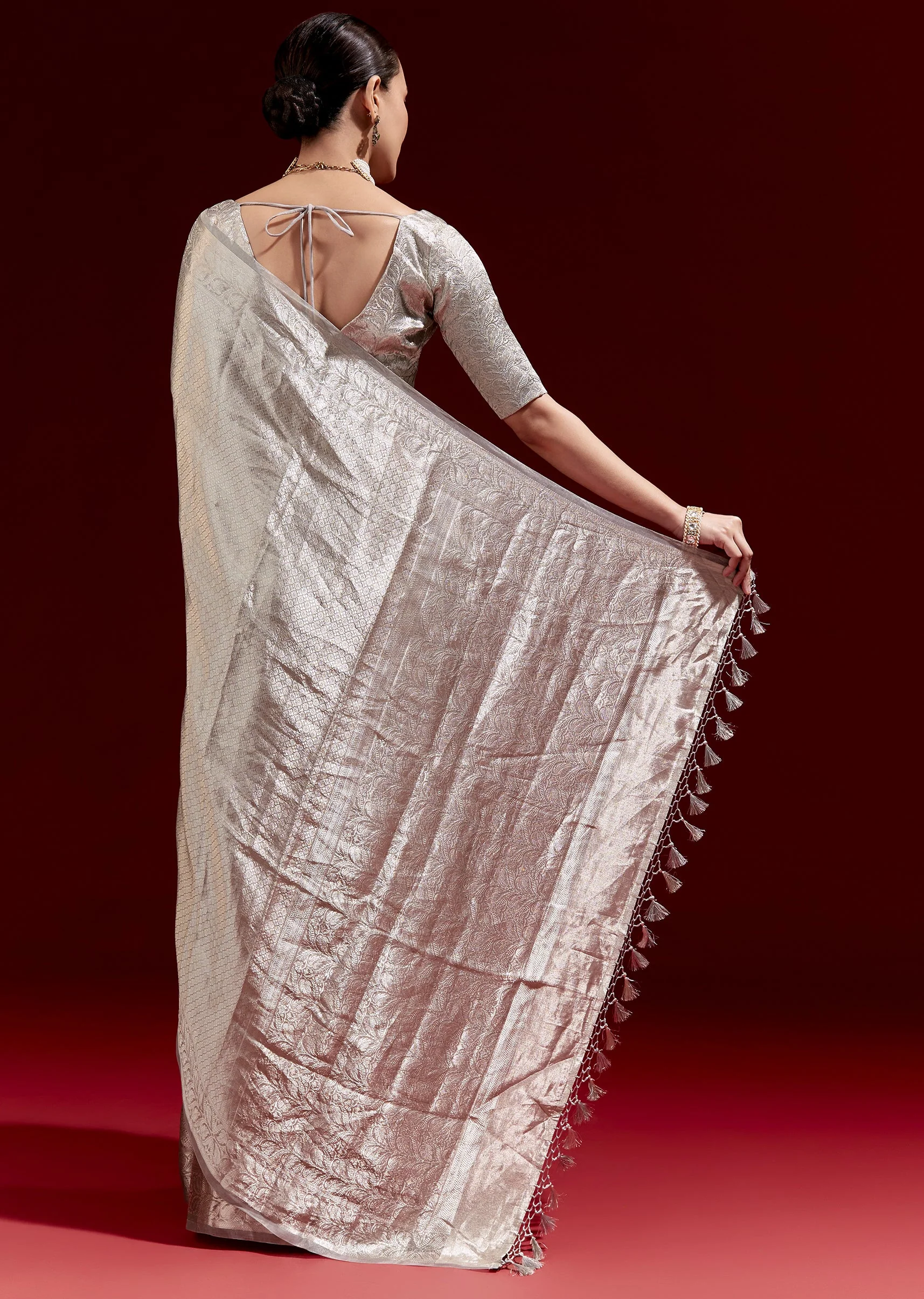 Metallic Silver Grey Banarasi Tissue Saree With Micro Geometric Weave And Floral Woven Border - Image 4