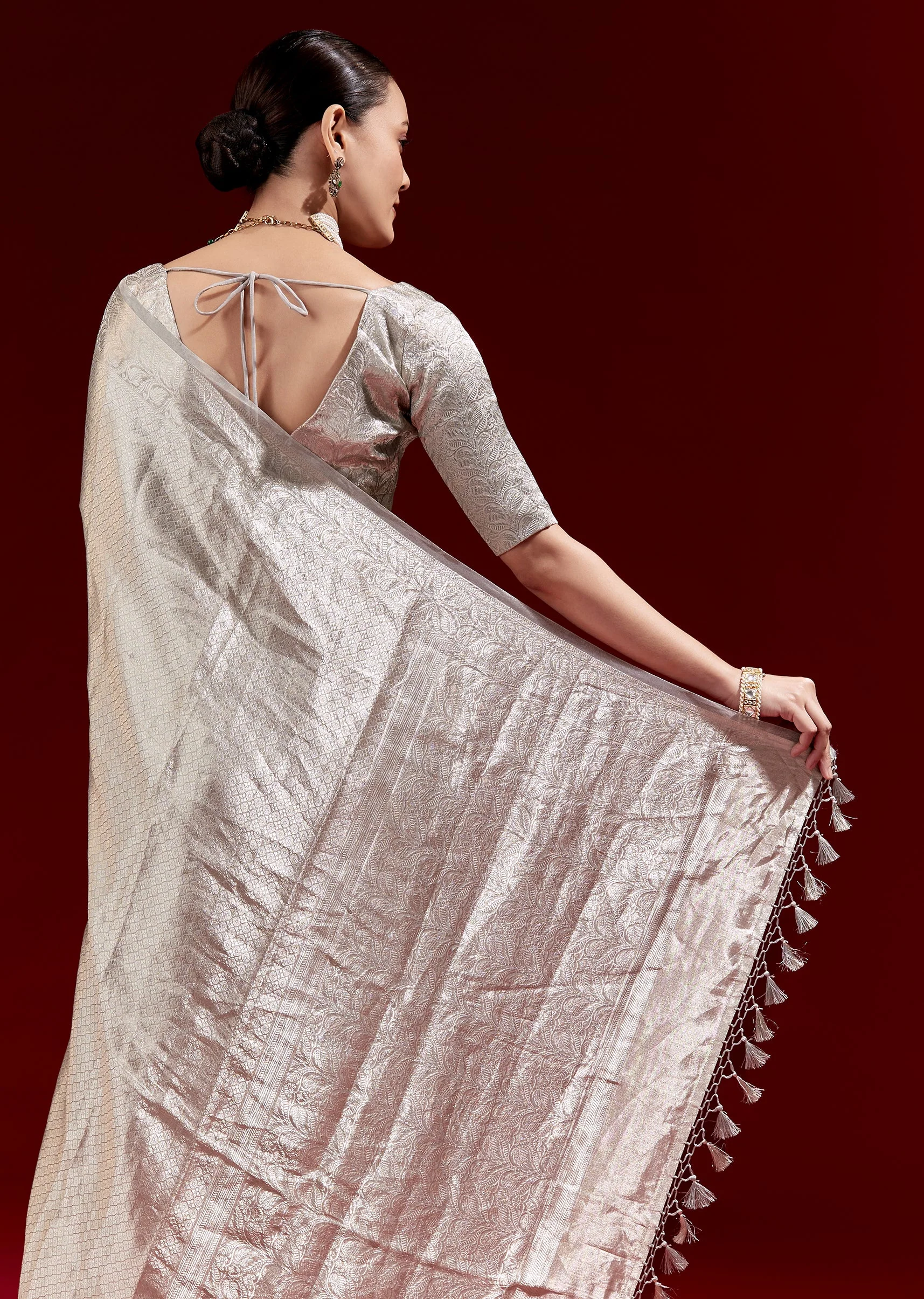 Metallic Silver Grey Banarasi Tissue Saree With Micro Geometric Weave And Floral Woven Border - Image 6