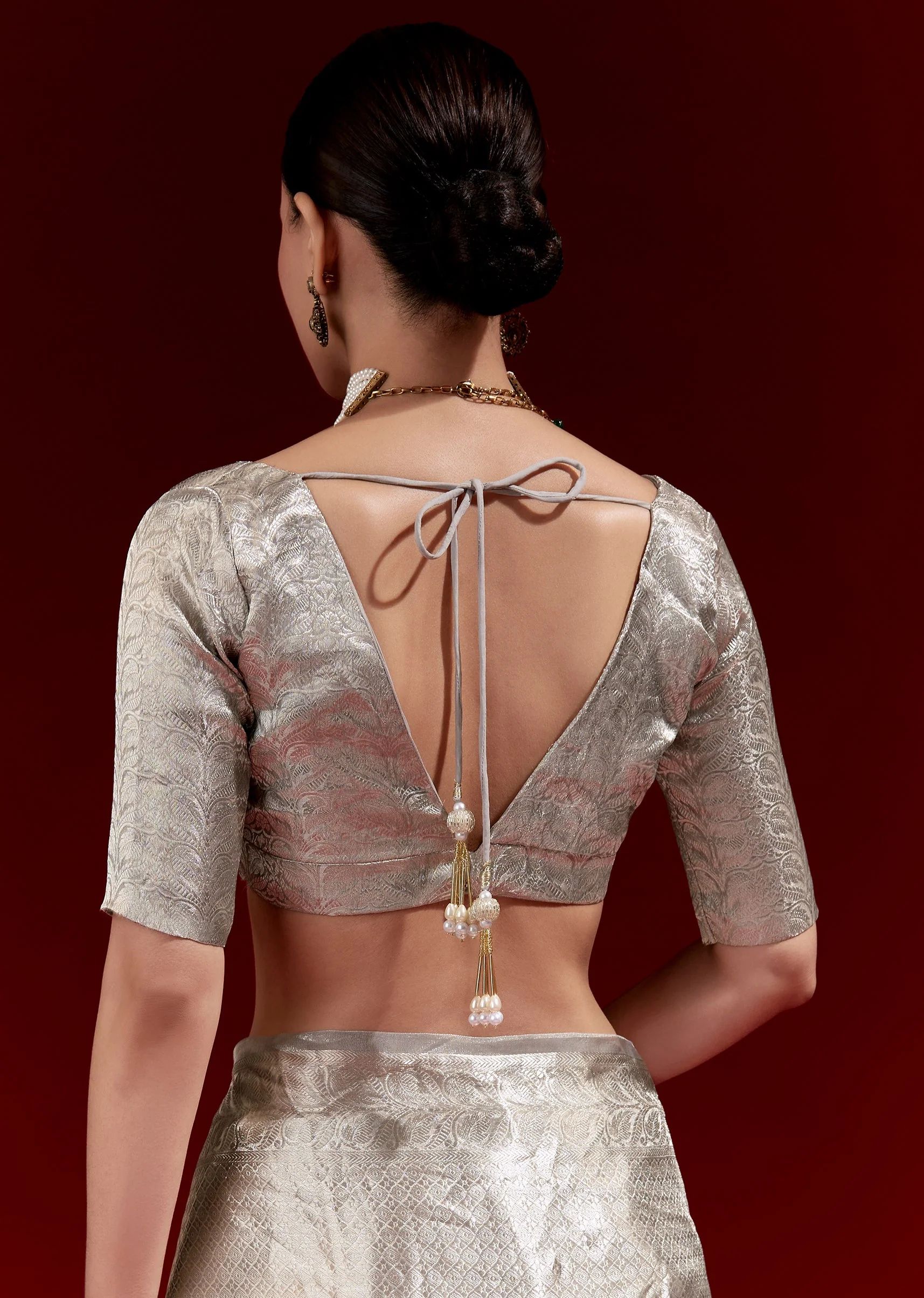 Metallic Silver Grey Banarasi Tissue Saree With Micro Geometric Weave And Floral Woven Border - Image 8