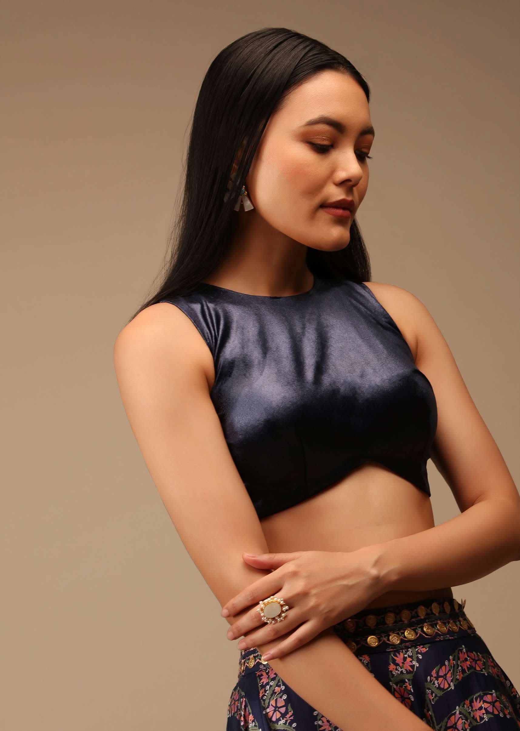Midnight Blue Blouse In Satin With Curved Hem, Round Neckline And Back Zip Detail - Image 3