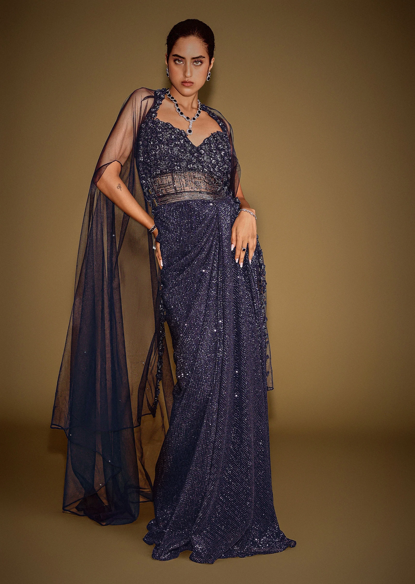Midnight Blue Corset Gown With Drape And Embroidered Cape - Image 4