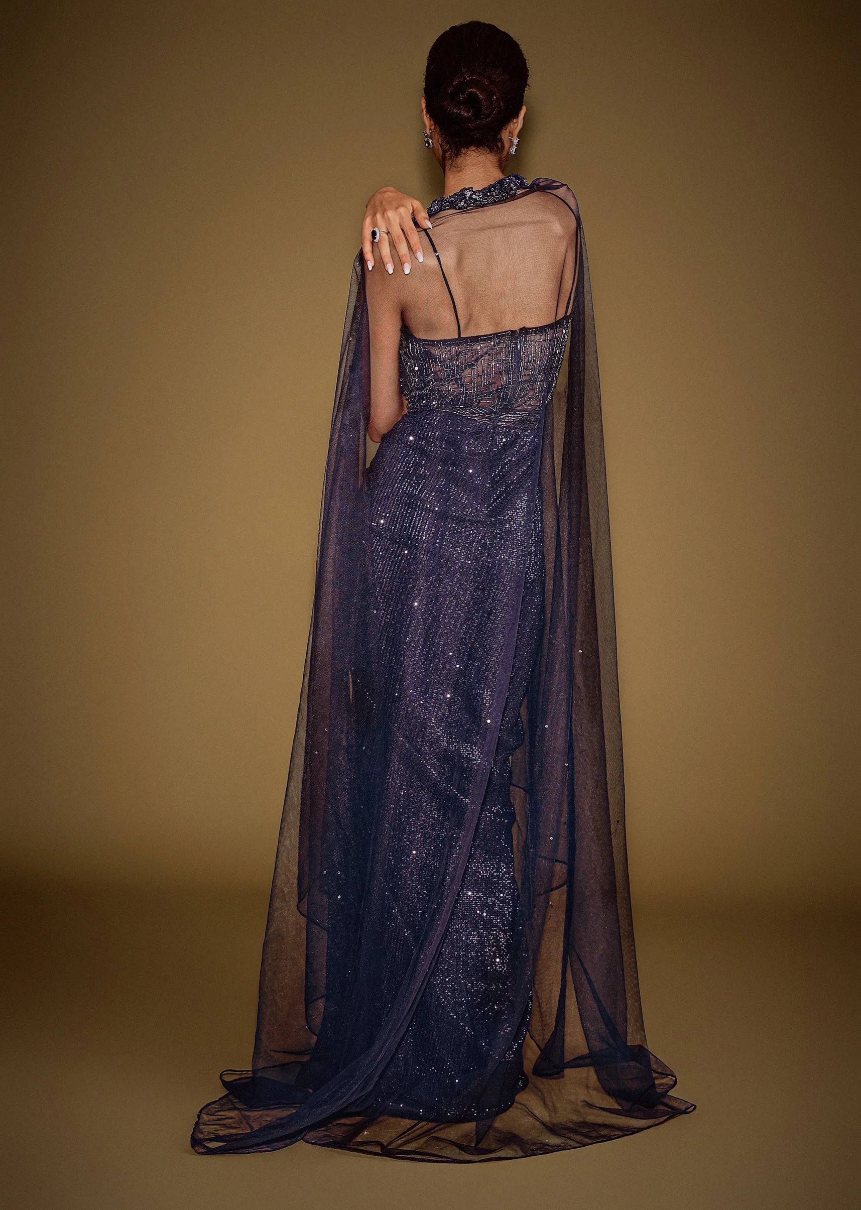 Midnight Blue Corset Gown With Drape And Embroidered Cape - Image 5