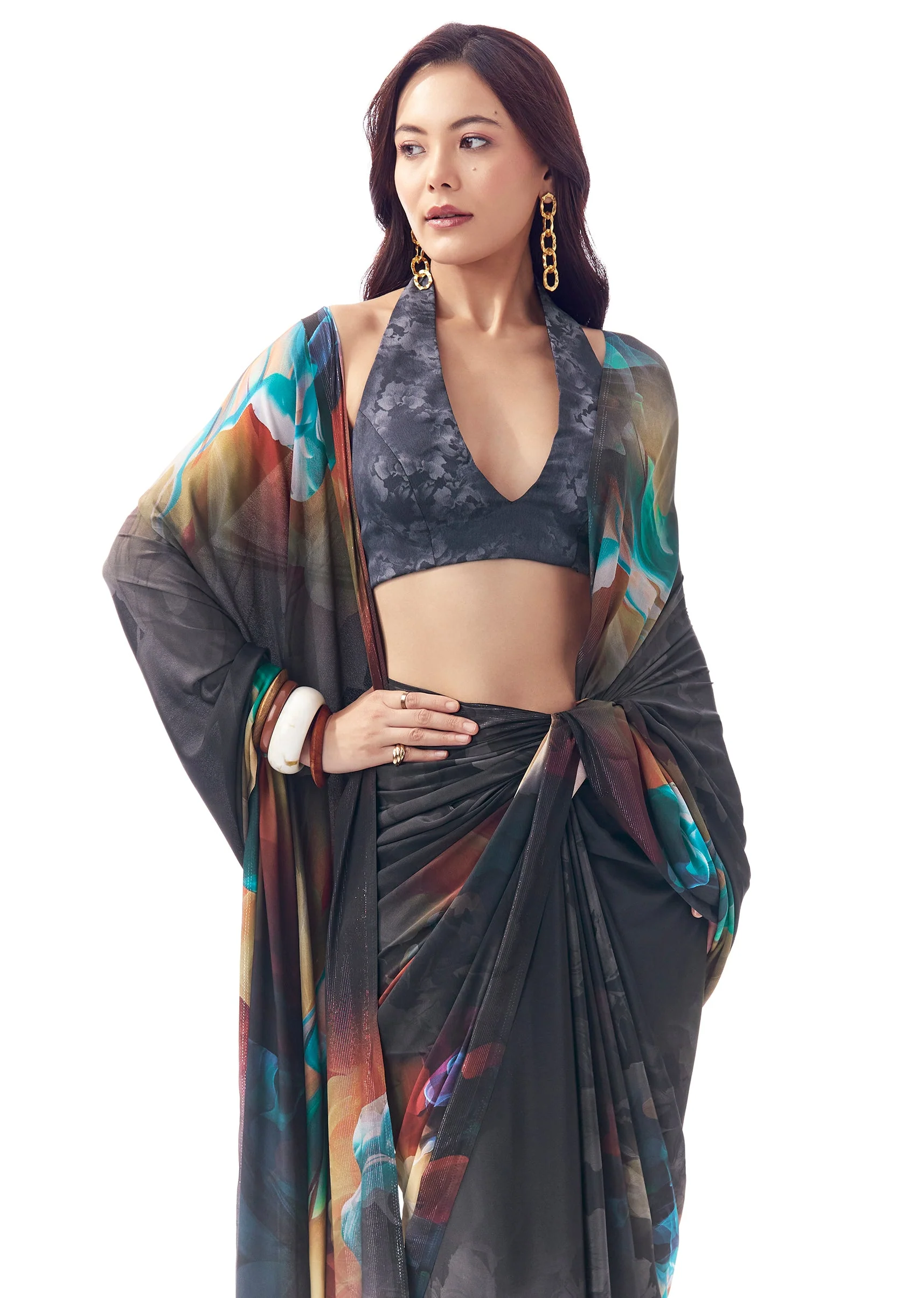 Midnight Blue Georgette Saree With Multicolour Floral Print - Image 5