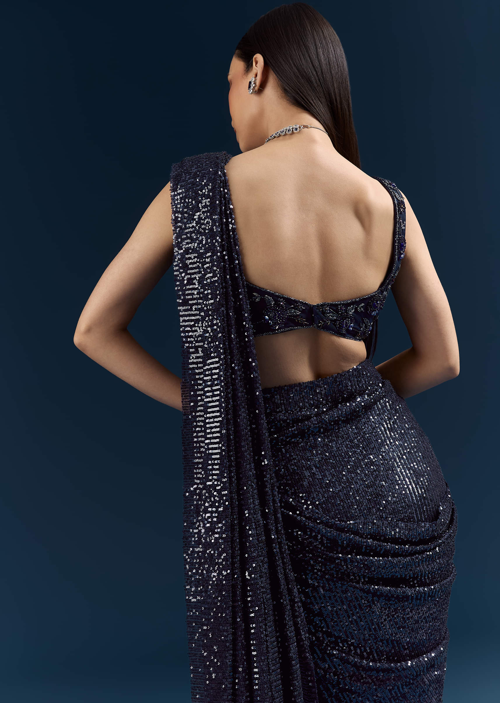 Midnight Blue Imported Sequins And Net Ready Pleated Saree With Embroidery - Image 5