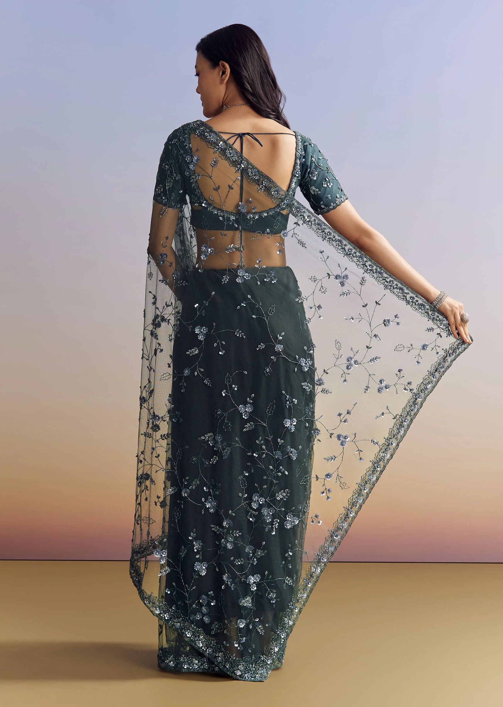 Midnight Blue Net Saree With Floral Jaal And Statement Embroidery - Image 6