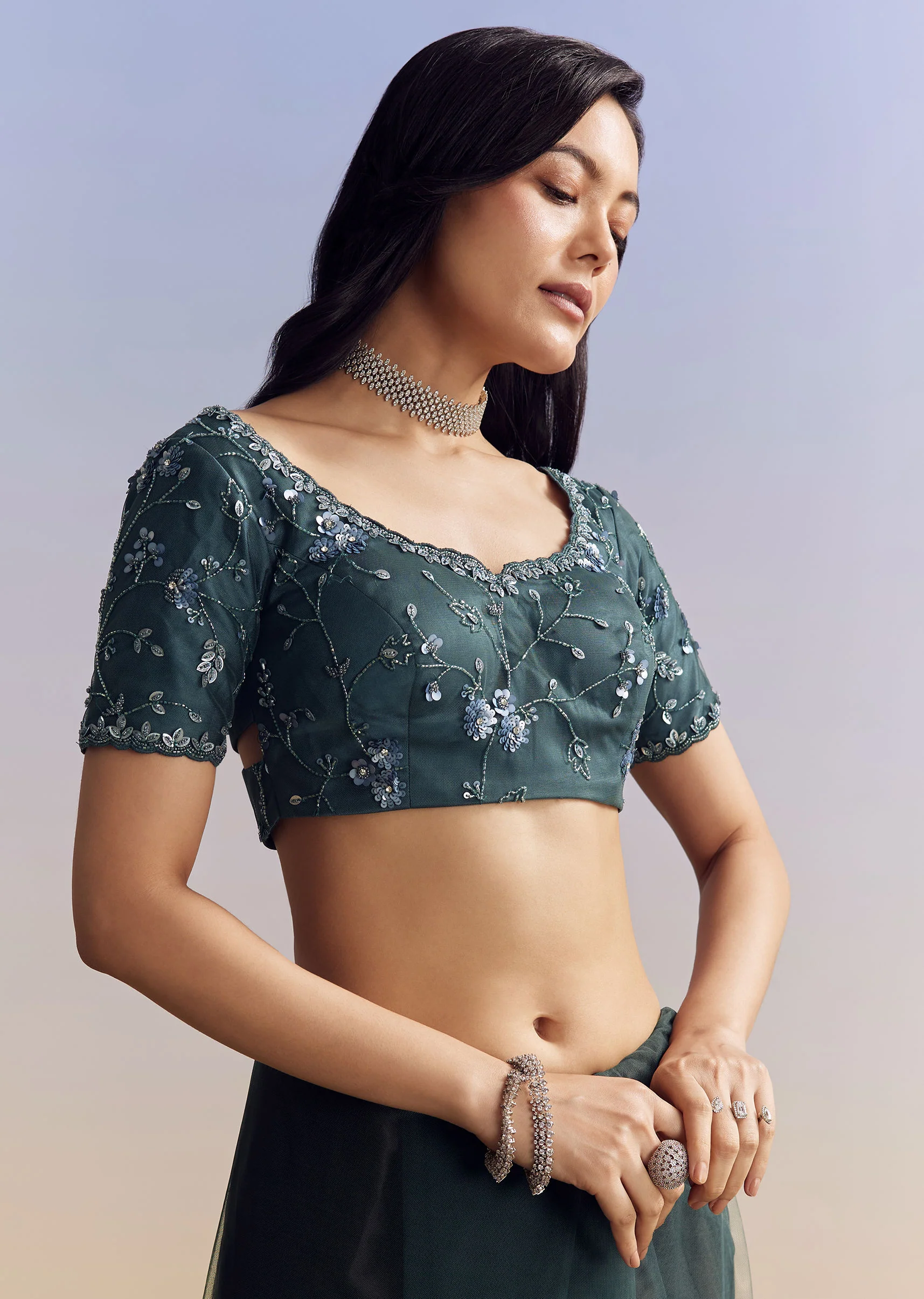 Midnight Blue Net Saree With Floral Jaal And Statement Embroidery - Image 7