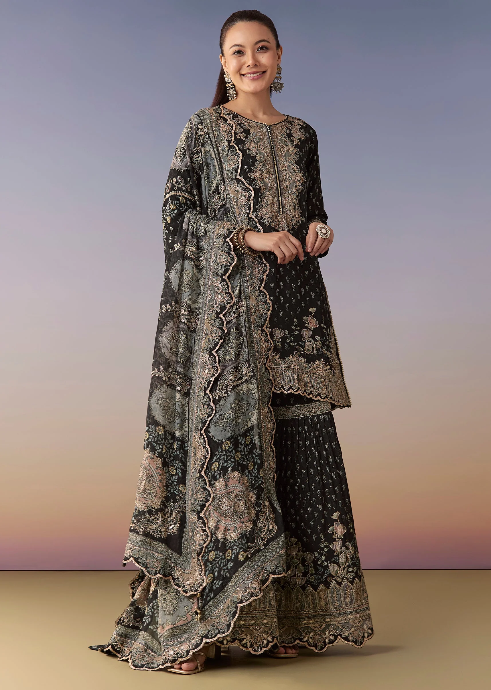 Midnight Blue Printed Sharara Suit Set With Dupatta - Image 3