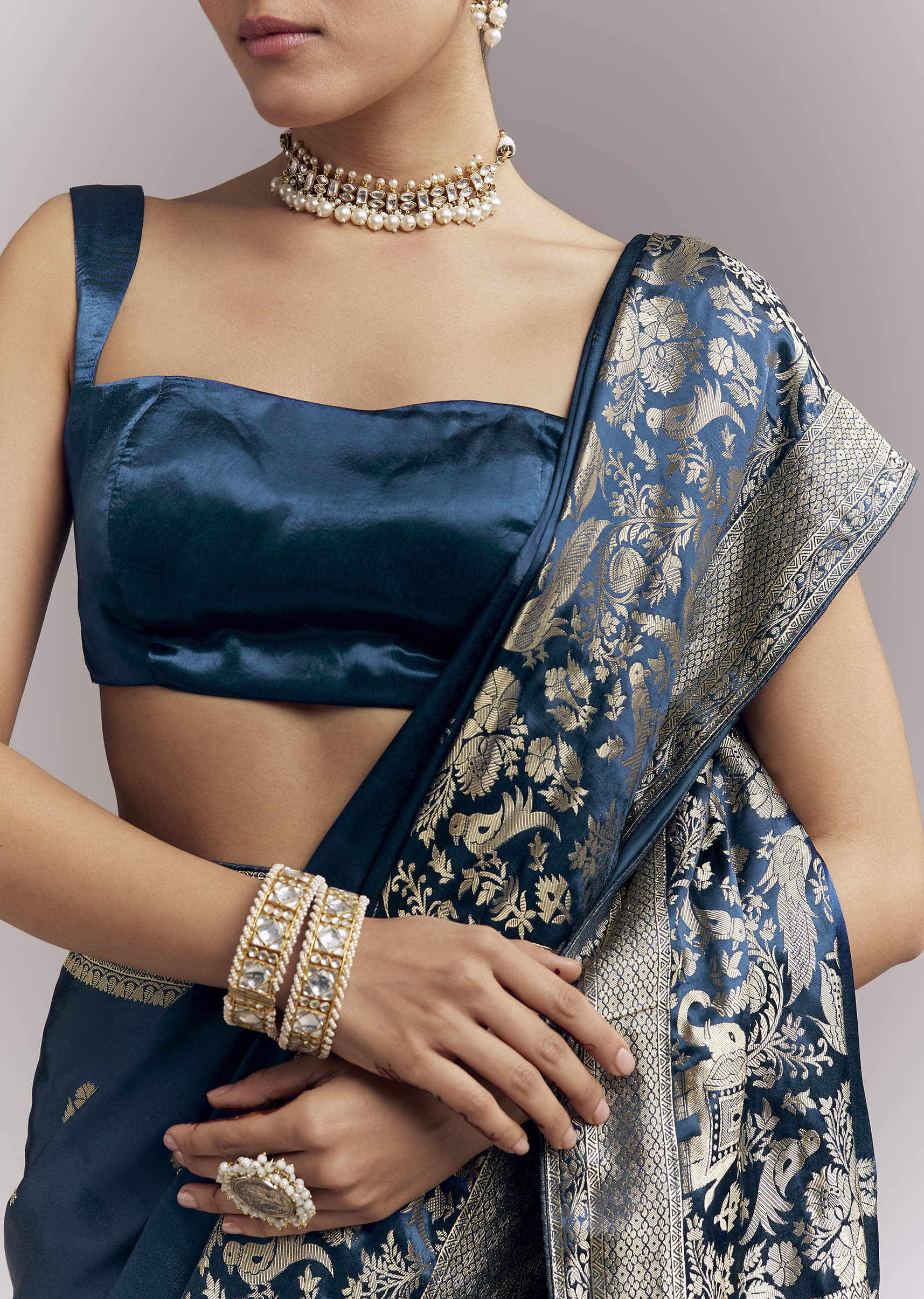 Midnight Blue Satin Woven Saree With Delicate Hand Embroidery - Image 2