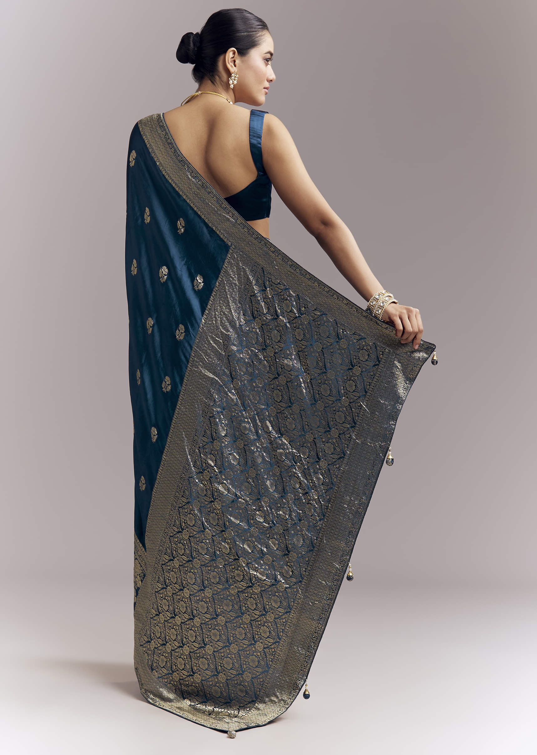 Midnight Blue Satin Woven Saree With Delicate Hand Embroidery - Image 4
