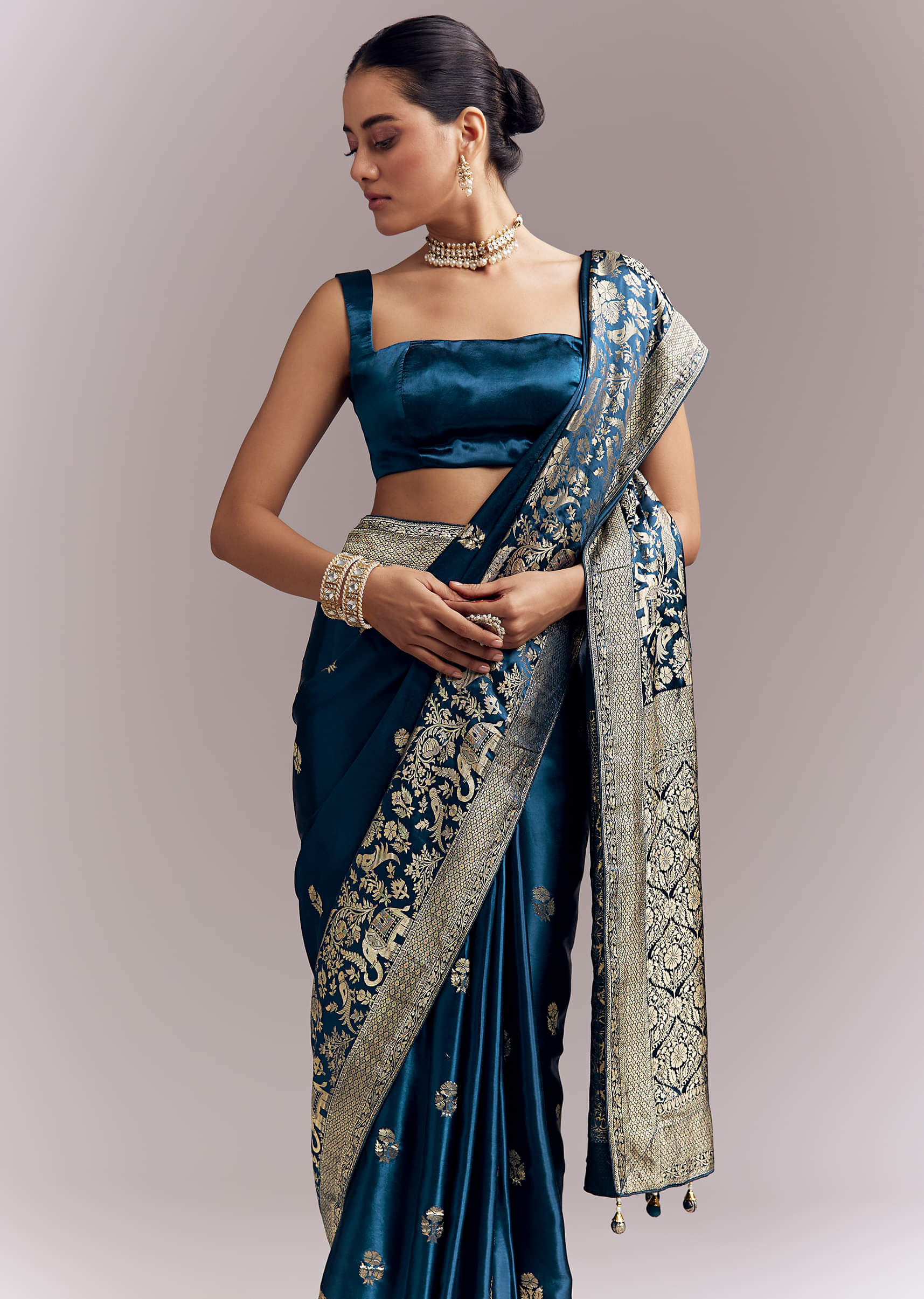 Midnight Blue Satin Woven Saree With Delicate Hand Embroidery - Image 5