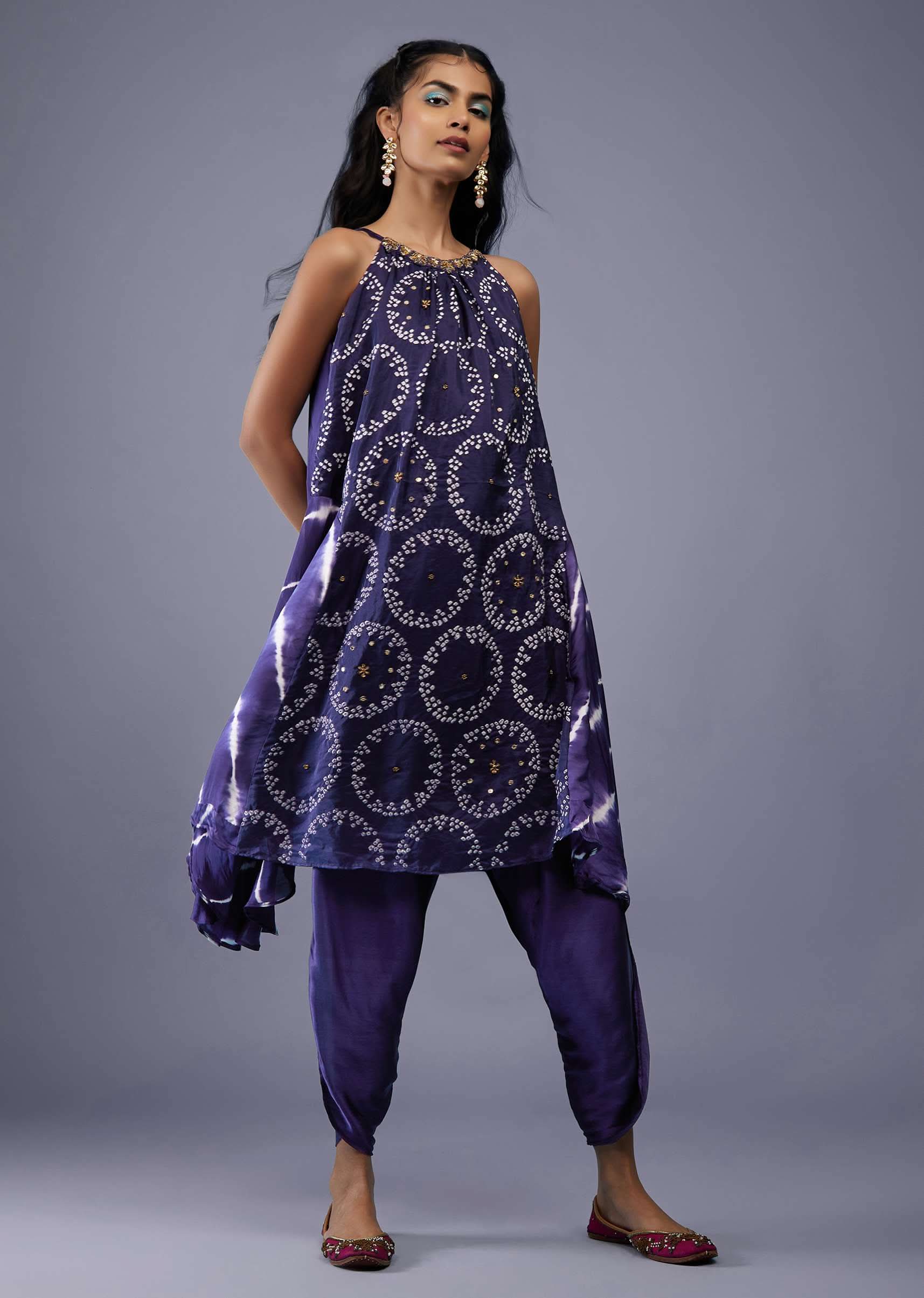 Midnight Blue Silk Bandhani Top With Tie-Dye Side Panel And Silk Dhoti Pants - Image 3