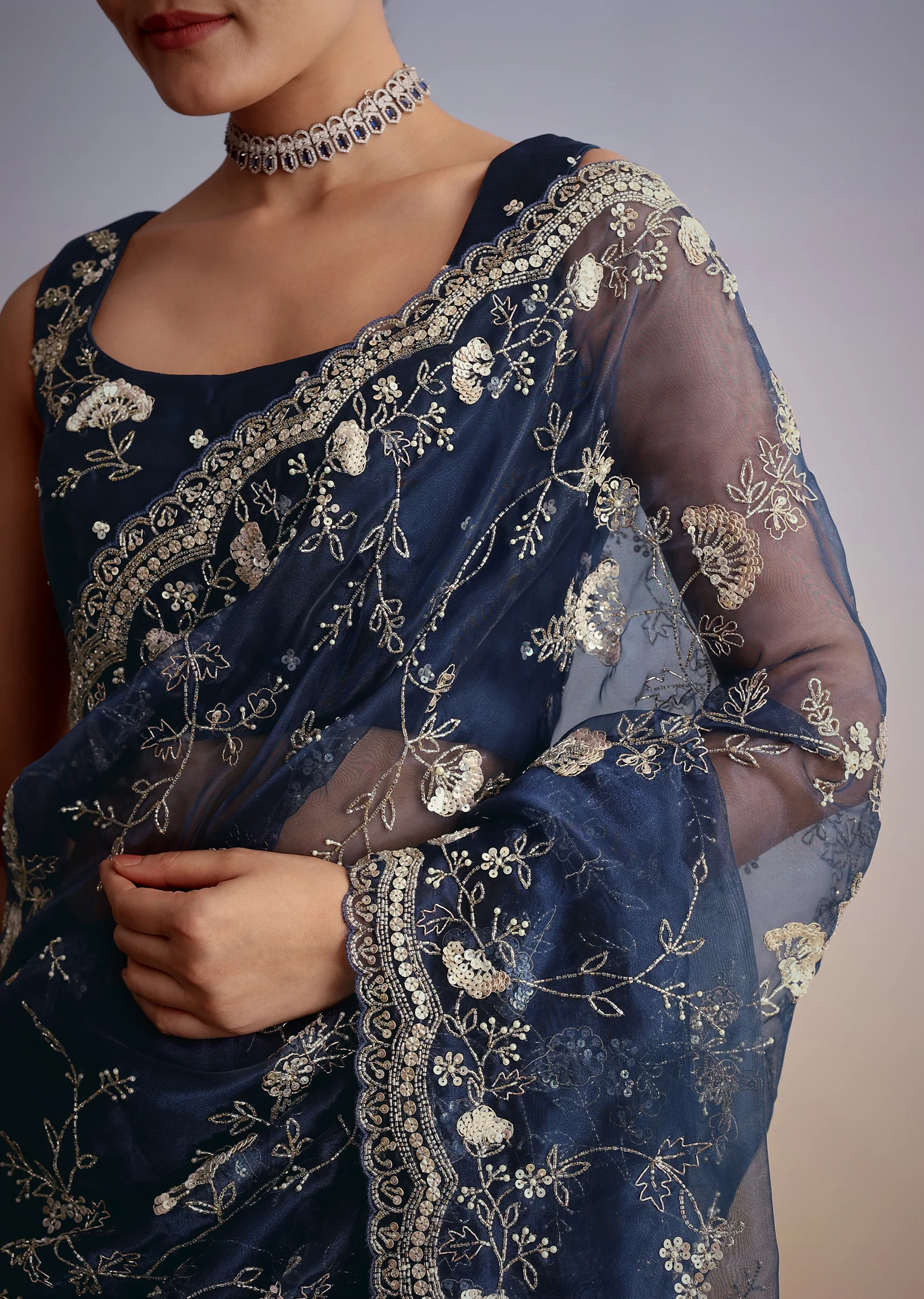 Midnight Blue Tissue Floral Embroidered Saree With Scallop Border - Image 11