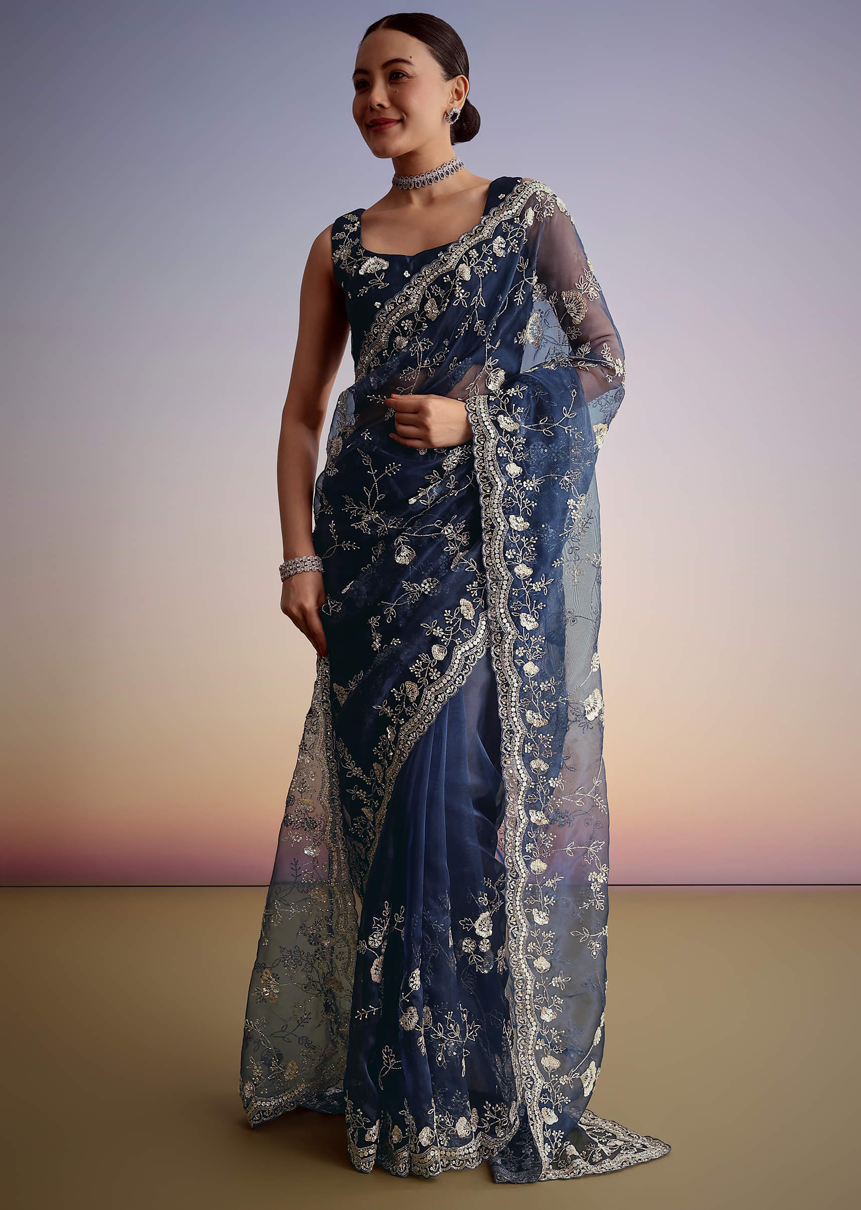 Midnight Blue Tissue Floral Embroidered Saree With Scallop Border - Image 3