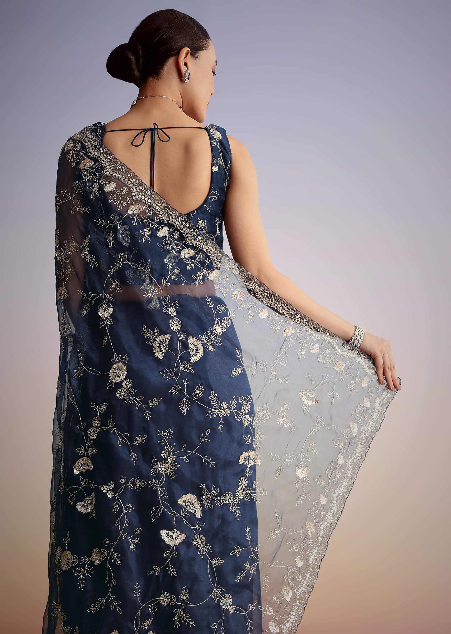 Midnight Blue Tissue Floral Embroidered Saree With Scallop Border - Image 4